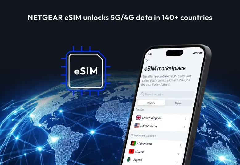 Un smartphone affiche une application de marché eSIM sur un globe stylisé.