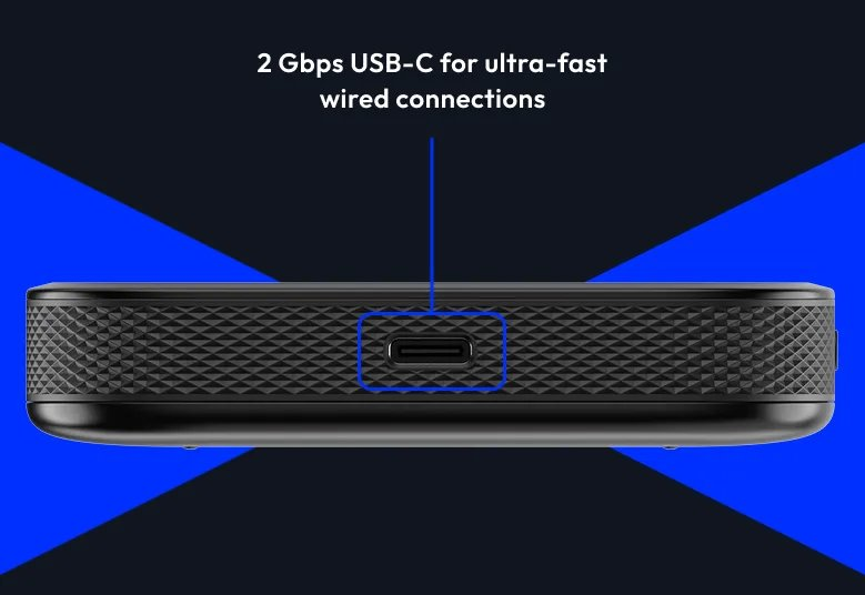 Appareil noir avec port USB-C et texte : USB-C 2 Gbps pour des connexions filaires ultra-rapides.