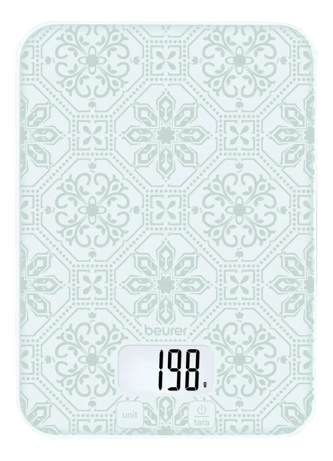 Eine weiße Küchenwaage mit blauem Fliesenmuster zeigt 198g an.