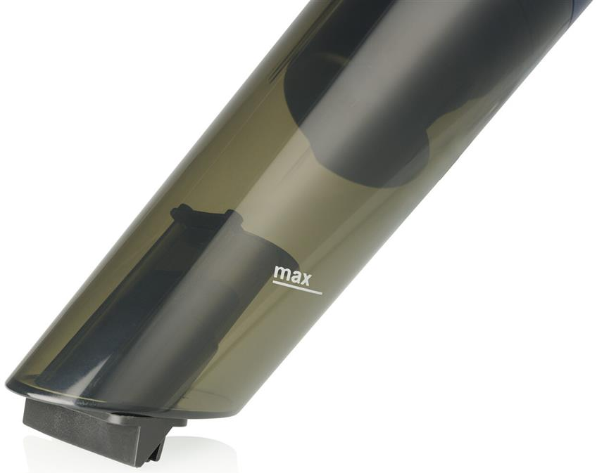 Nahaufnahme eines transparenten Staubsaugerbehälters mit schwarzem Einsatz und 'max'-Markierung.