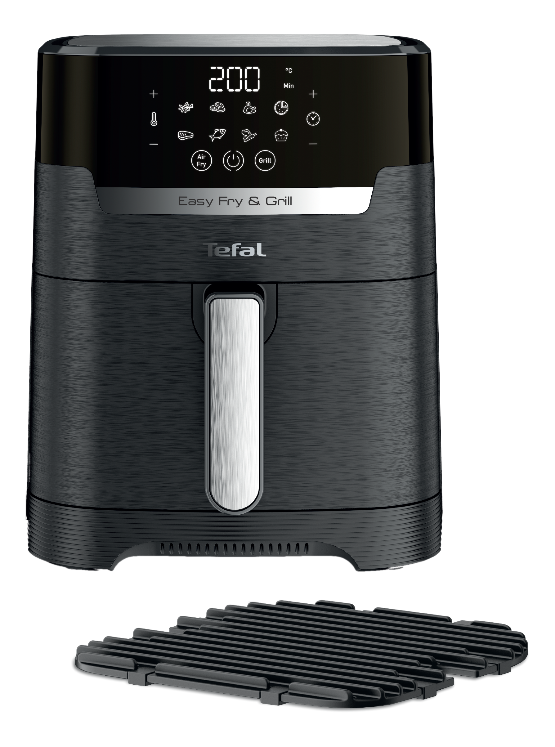 Schwarzer Tefal Heißluftfritteuse mit digitalem Display und Grillrost.