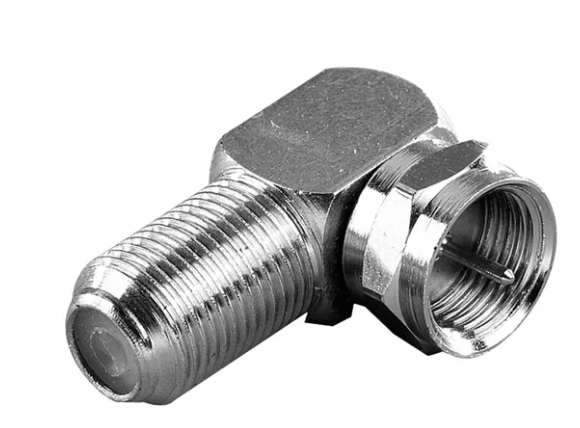 Ein silberner 90-Grad-F-Stecker mit Gewinde an beiden Enden.