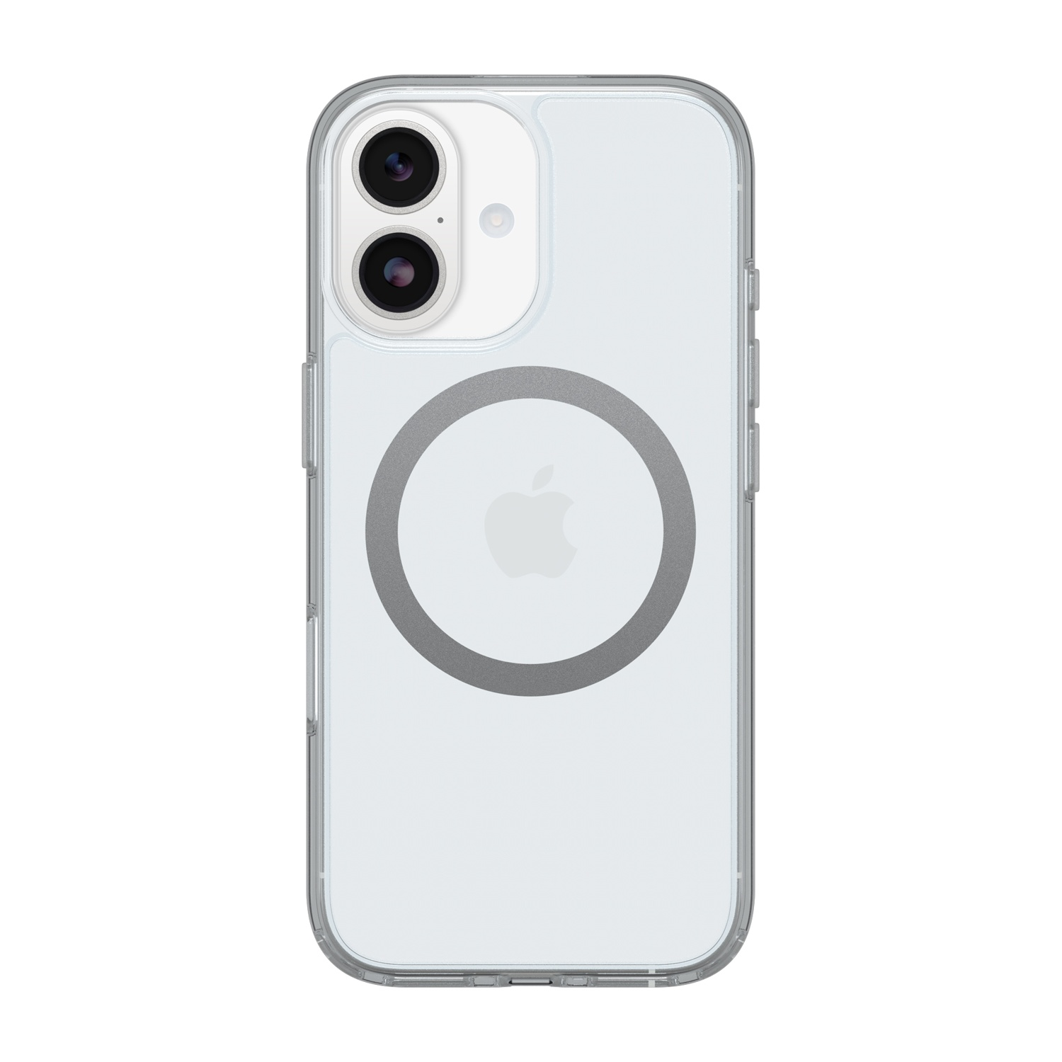 Custodia trasparente con due fotocamere e logo Apple.