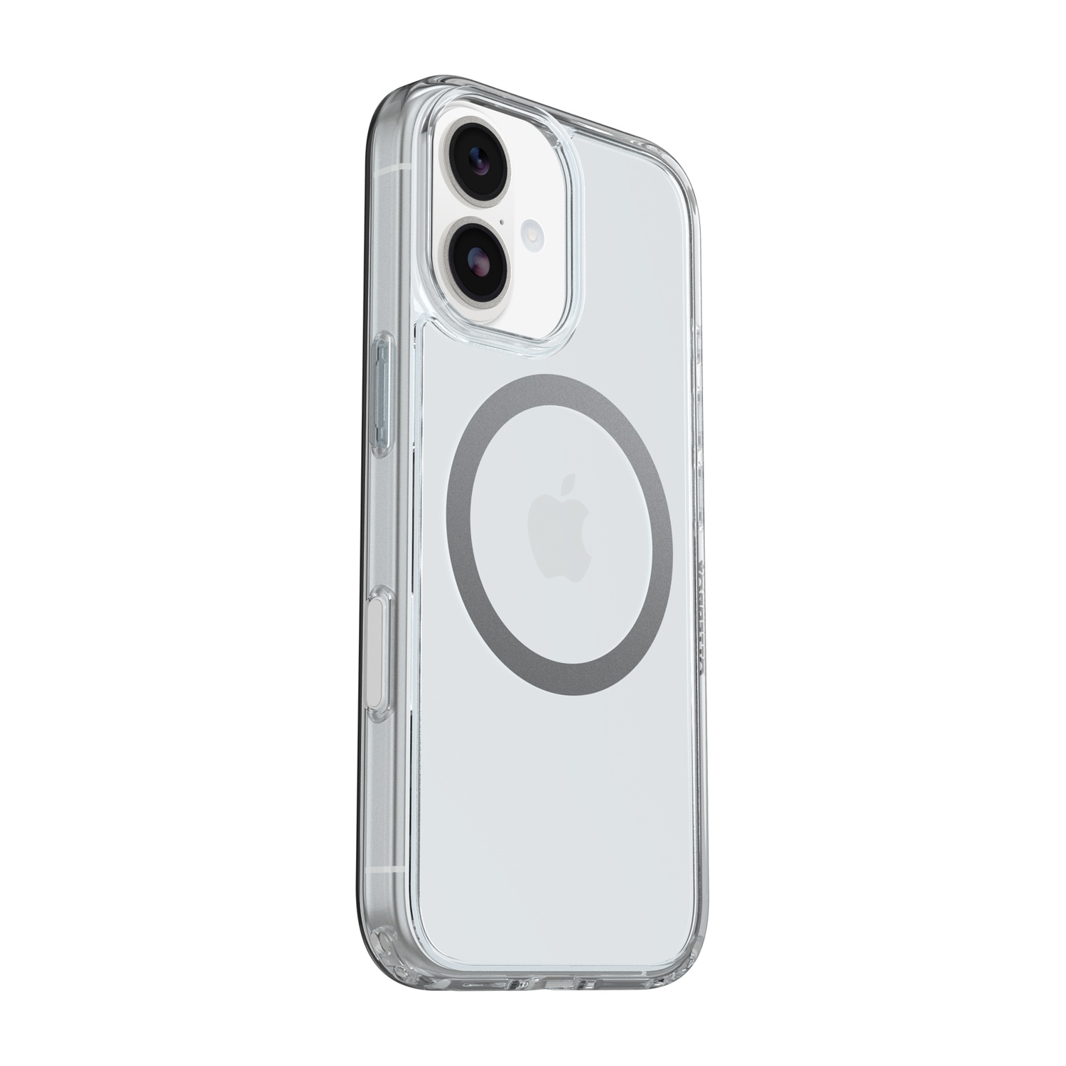 Custodia trasparente per telefono con due fotocamere e logo Apple.