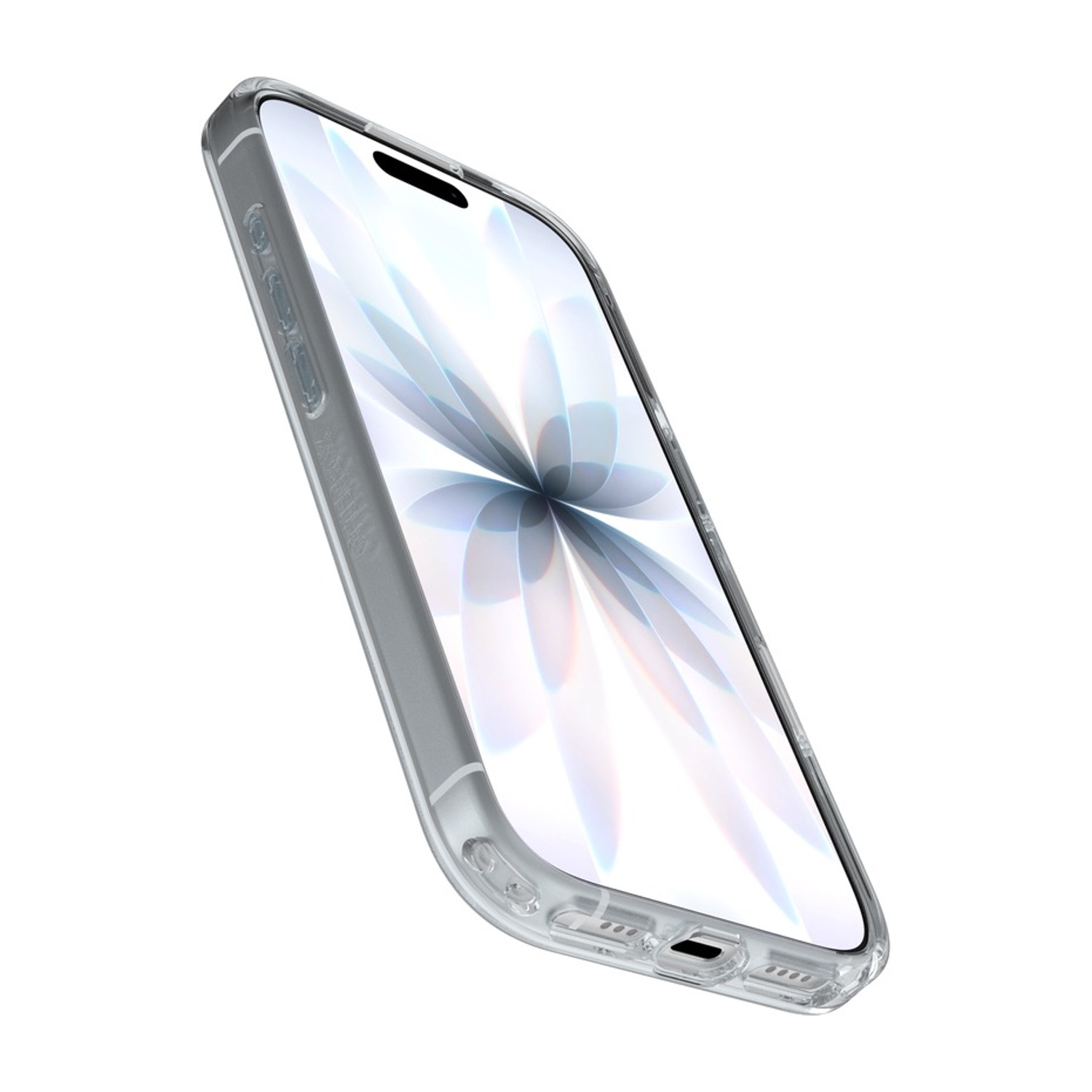Custodia trasparente per telefono con pulsanti argentati e sfondo bianco.