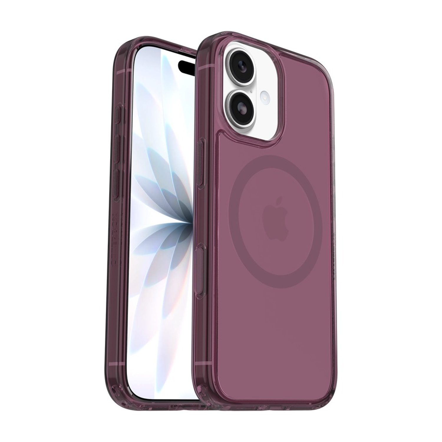 Custodia viola per iPhone con logo Apple e MagSafe, su sfondo bianco.
