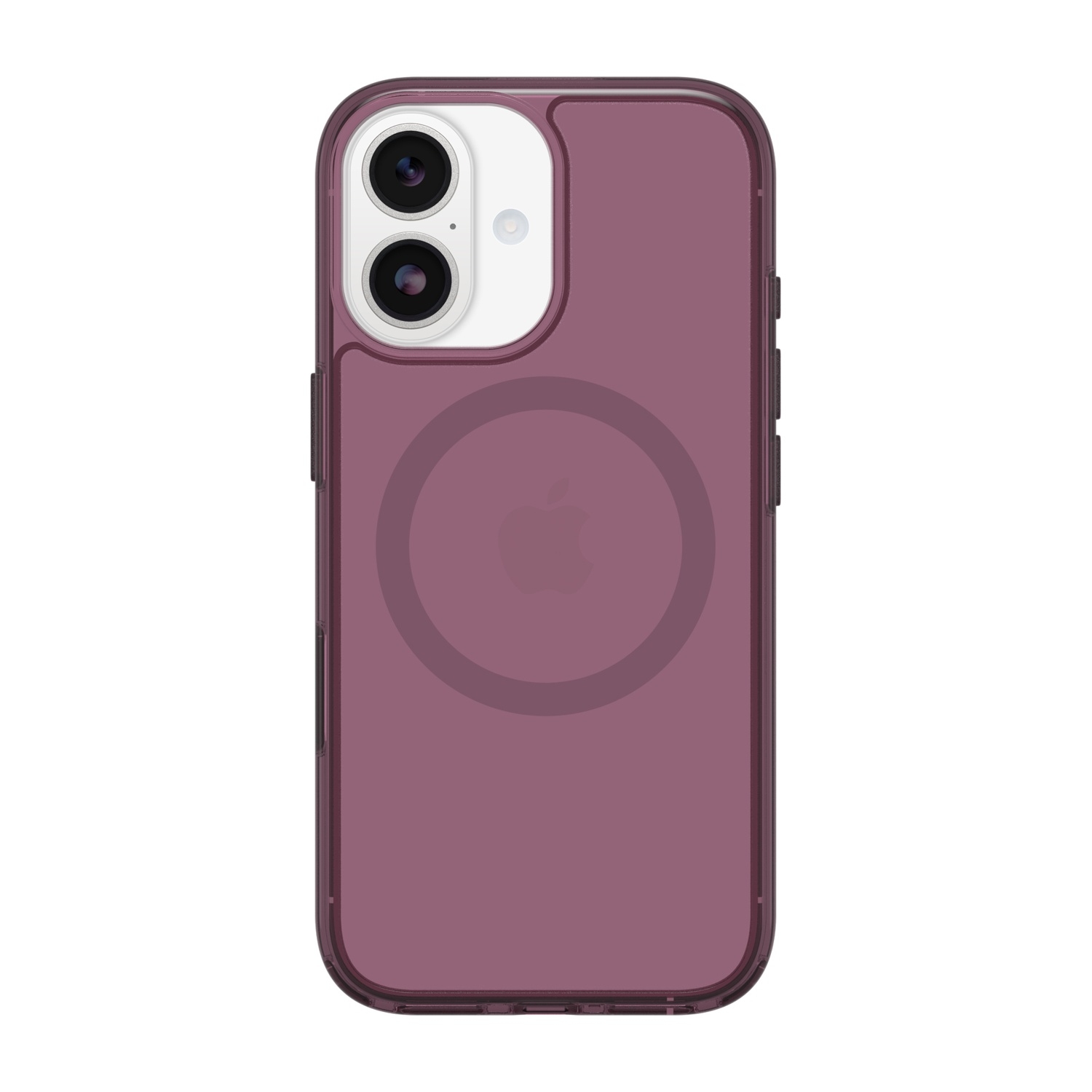 Custodia viola per iPhone con due fotocamere e logo Apple.