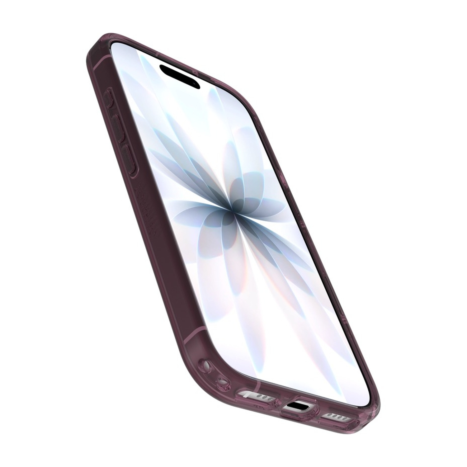 Una custodia viola per telefono con un motivo sullo schermo, sfondo bianco.