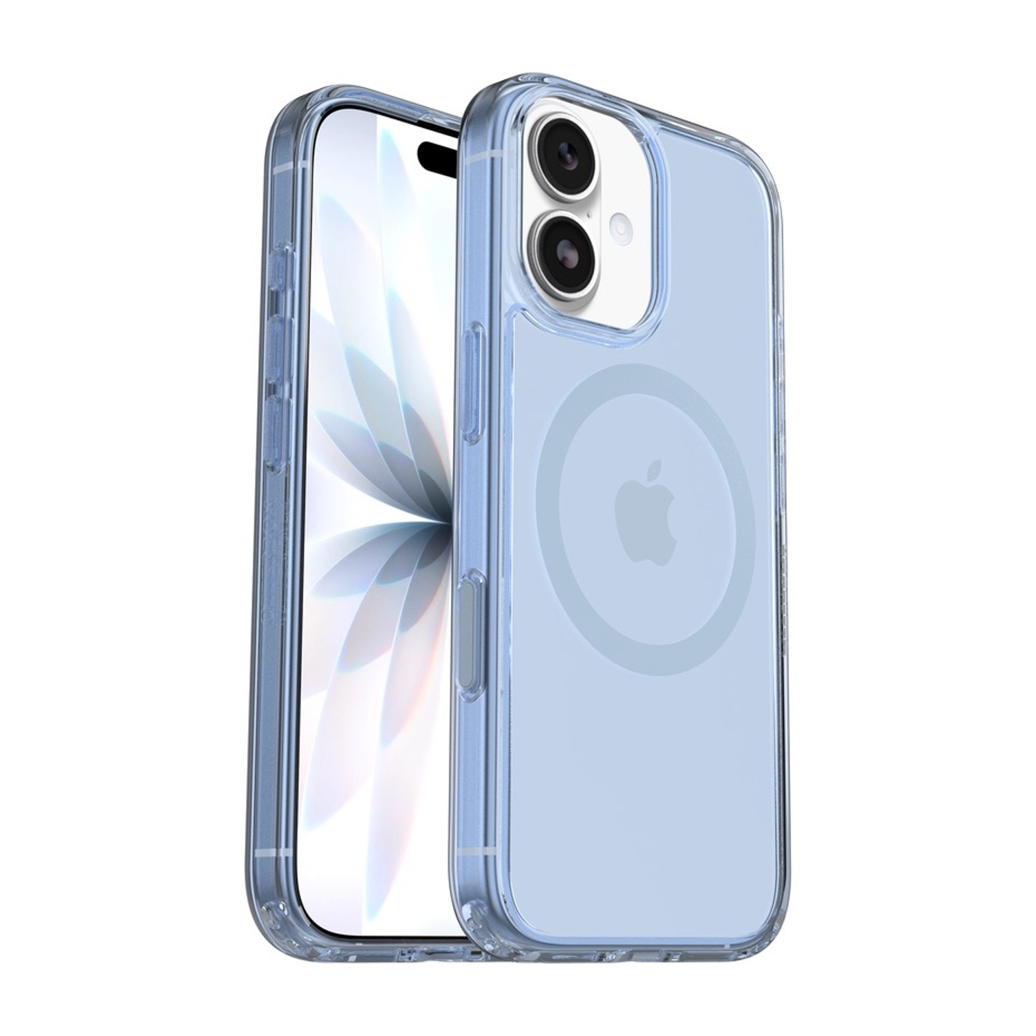 Una custodia blu trasparente per telefono con logo Apple su sfondo bianco.