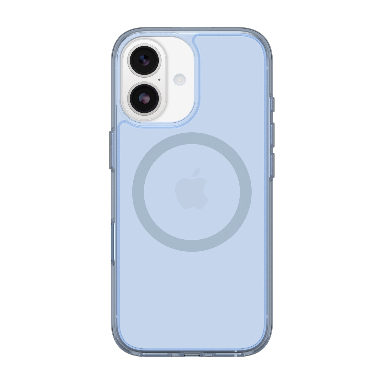 Un iPhone azzurro con anello MagSafe e doppia lente.