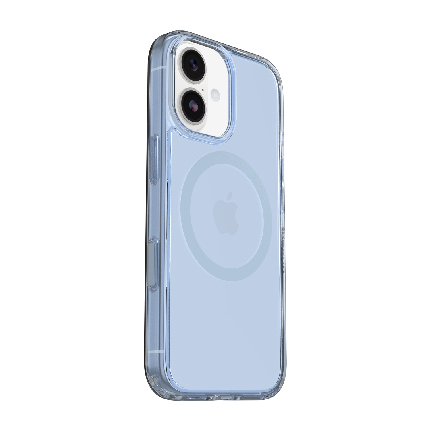 Una custodia per telefono blu trasparente con anello magnetico e due fotocamere.