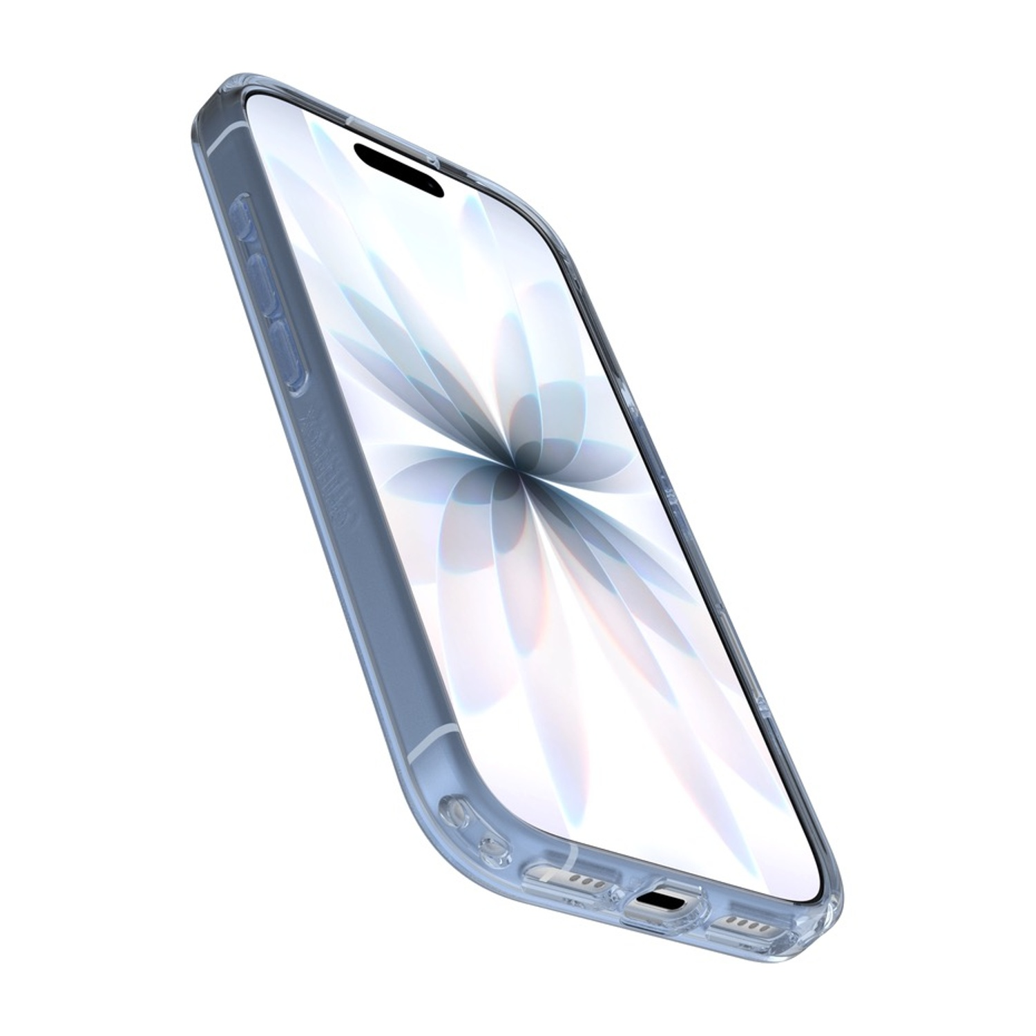 Uno smartphone blu con custodia trasparente, su sfondo stilizzato.
