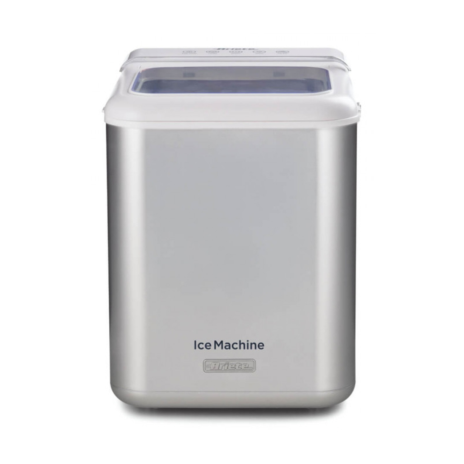 Macchina per il ghiaccio argentata con coperchio bianco e finestra trasparente.
