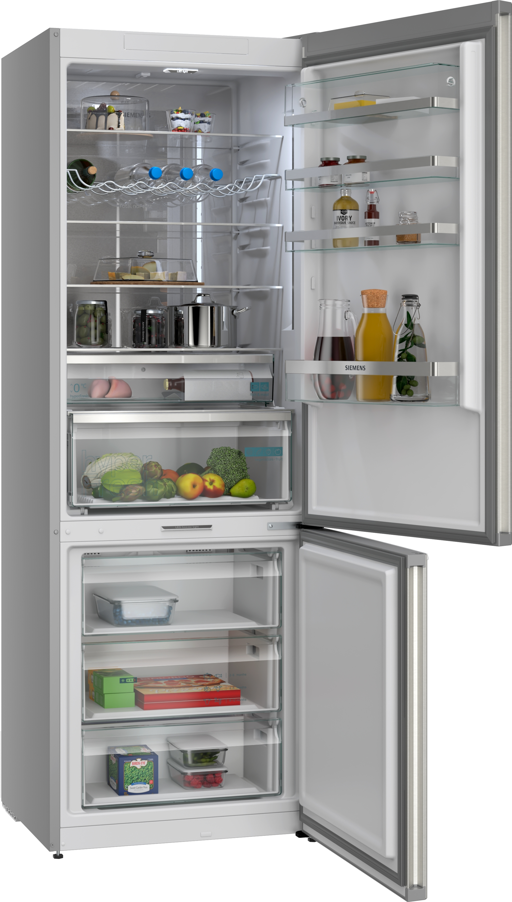 Ein offener Siemens-Kühlschrank mit Lebensmitteln auf Glasregalen.