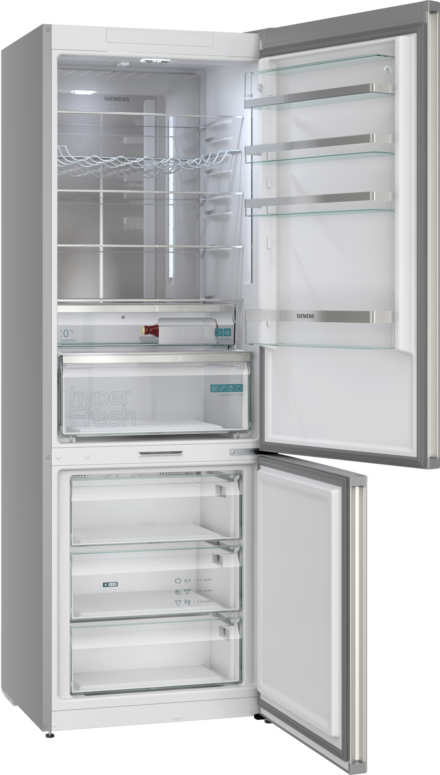 Ein offener Siemens Kühlschrank mit Glasböden und Schubladen.