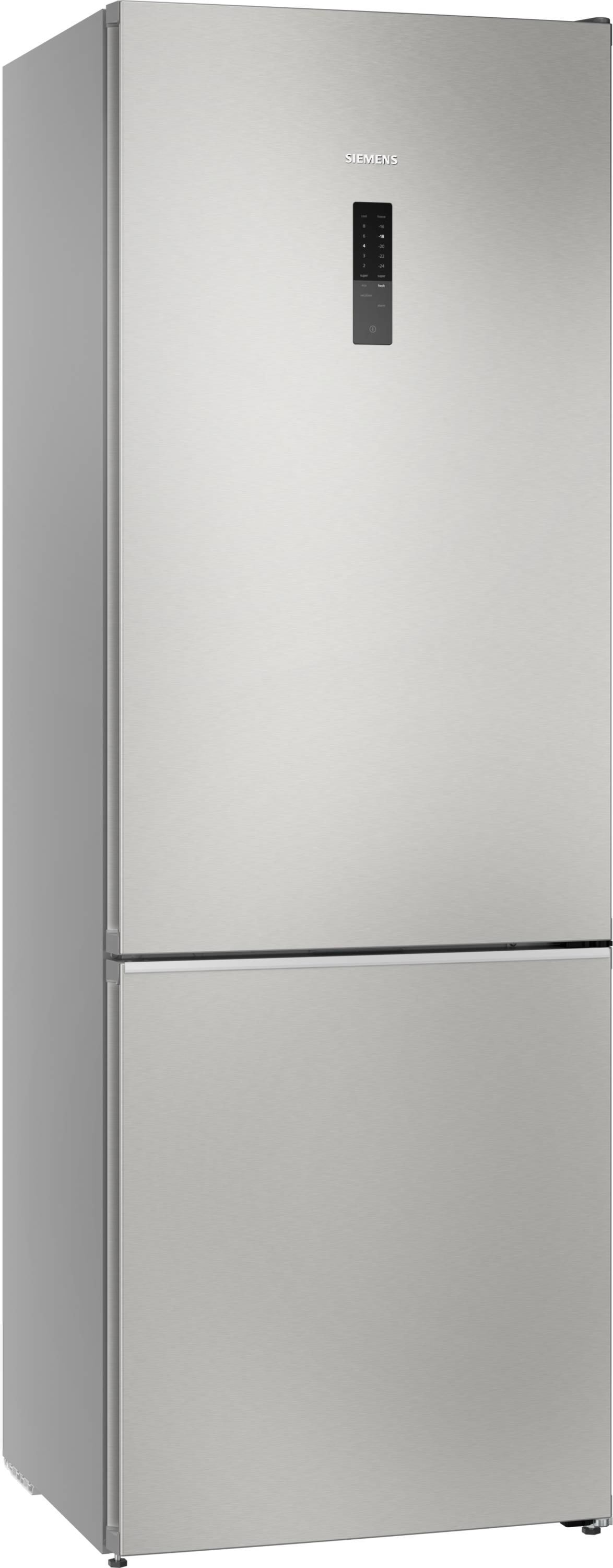 Ein silberner Siemens Kühlschrank mit Touchscreen-Bedienfeld oben.