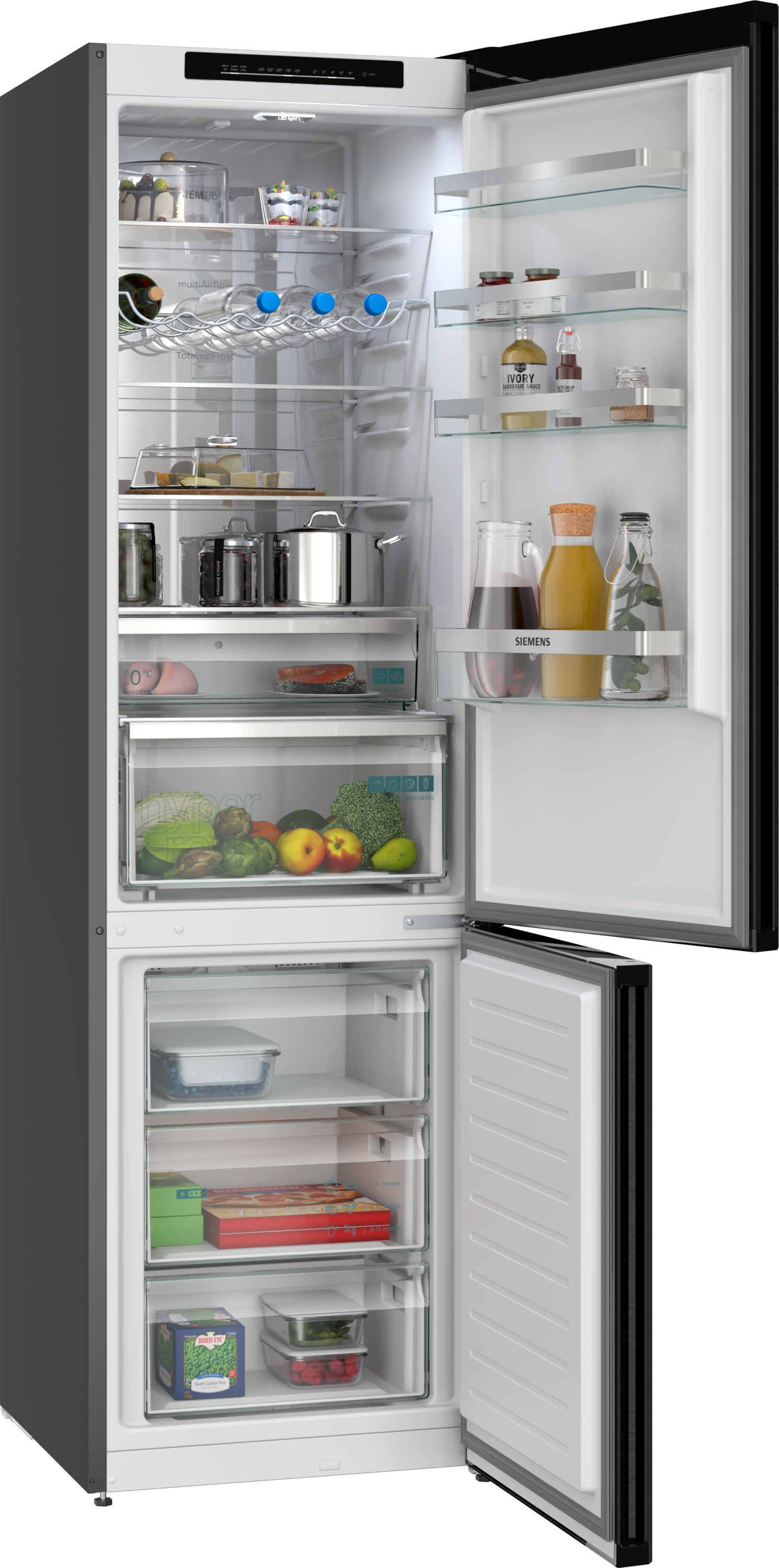 Ein offener Kühlschrank mit Lebensmitteln wie Obst, Gemüse, Flaschen und Gläsern.