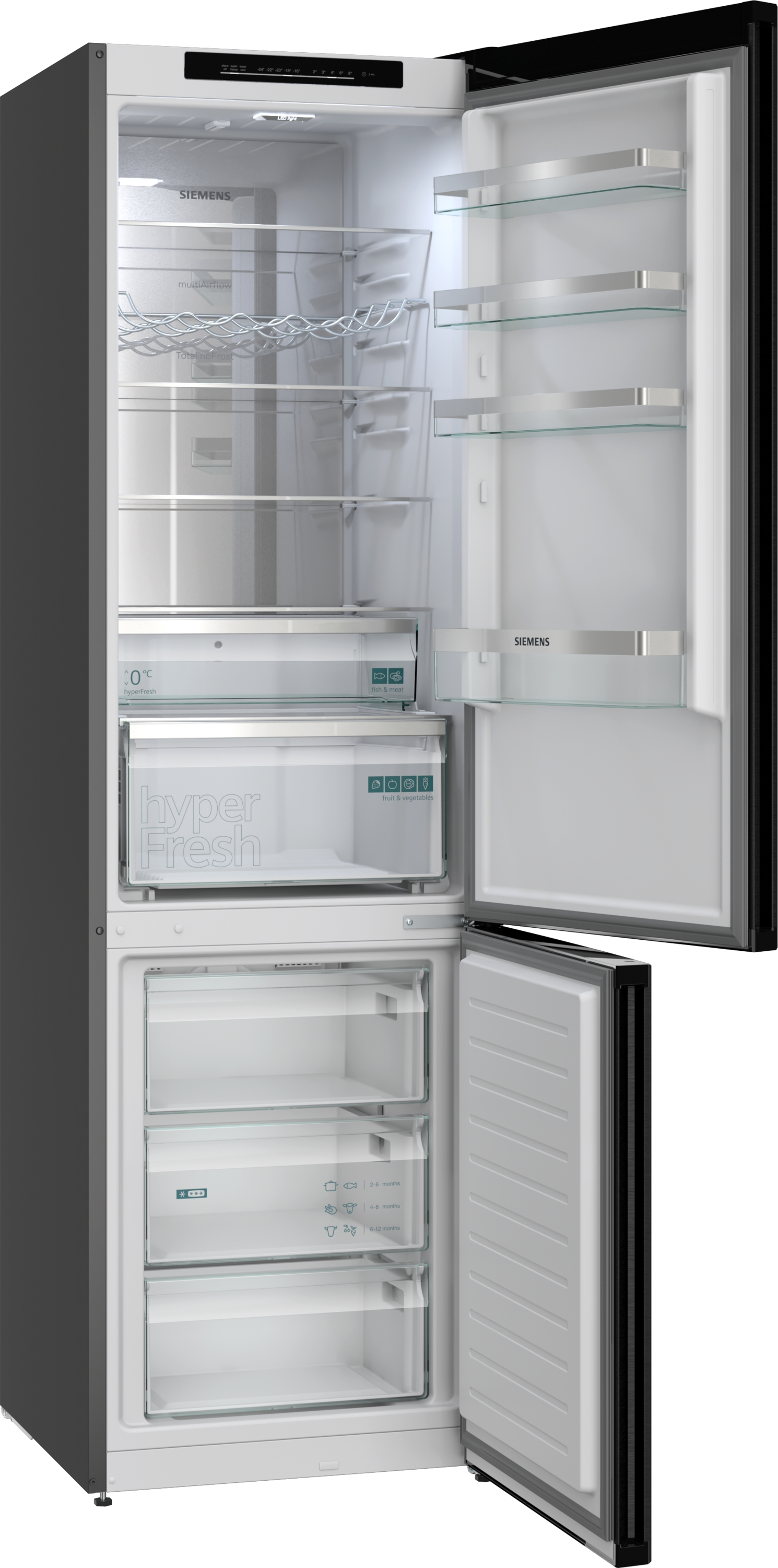 Ein offener Siemens Kühlschrank mit Glasböden und Schubladen.