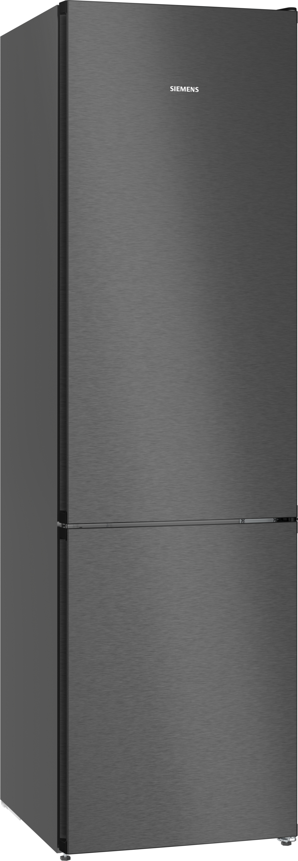Ein dunkler Siemens-Kühlschrank mit gebürsteter Metalloberfläche, zwei Türen.