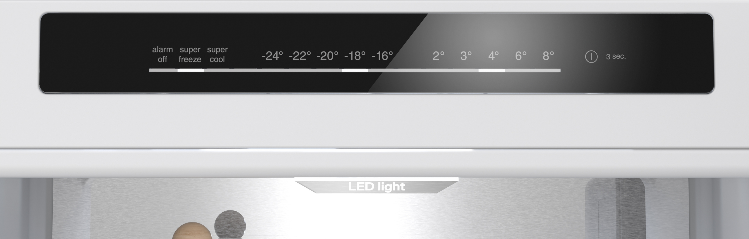 Kühleranzeige mit Temperaturen von -24 bis 8 Grad Celsius und LED-Licht.