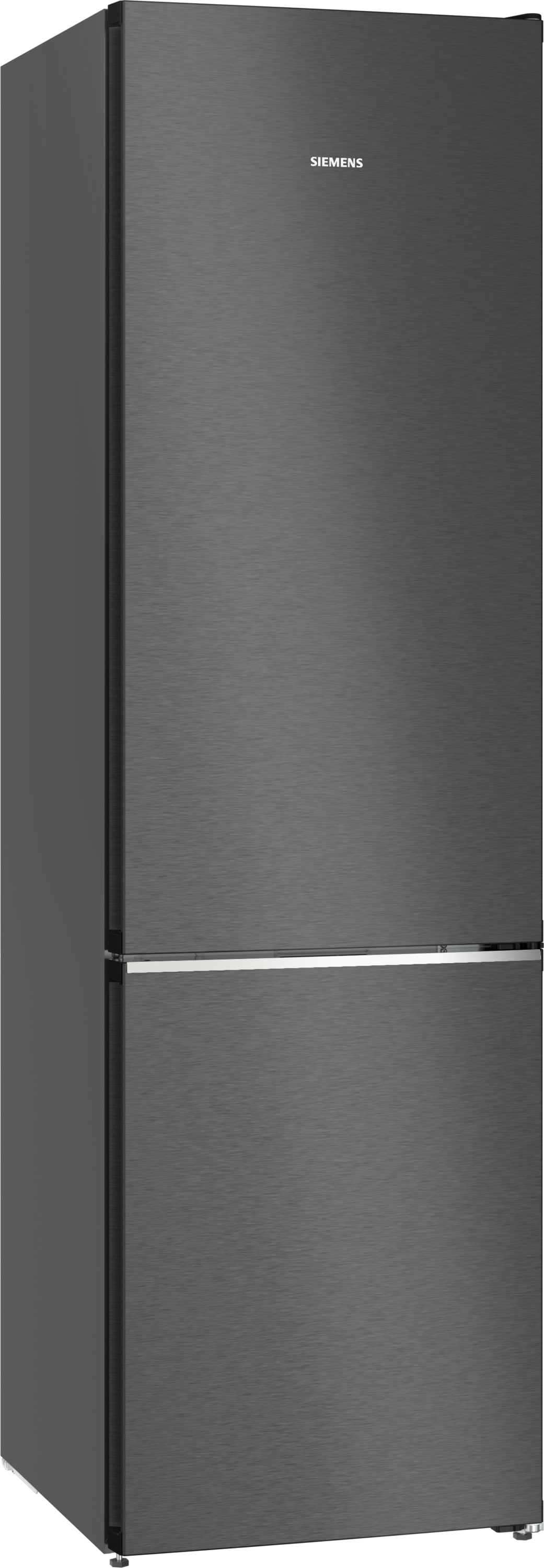 Ein dunkler Siemens-Kühlschrank mit silbernem Streifen.