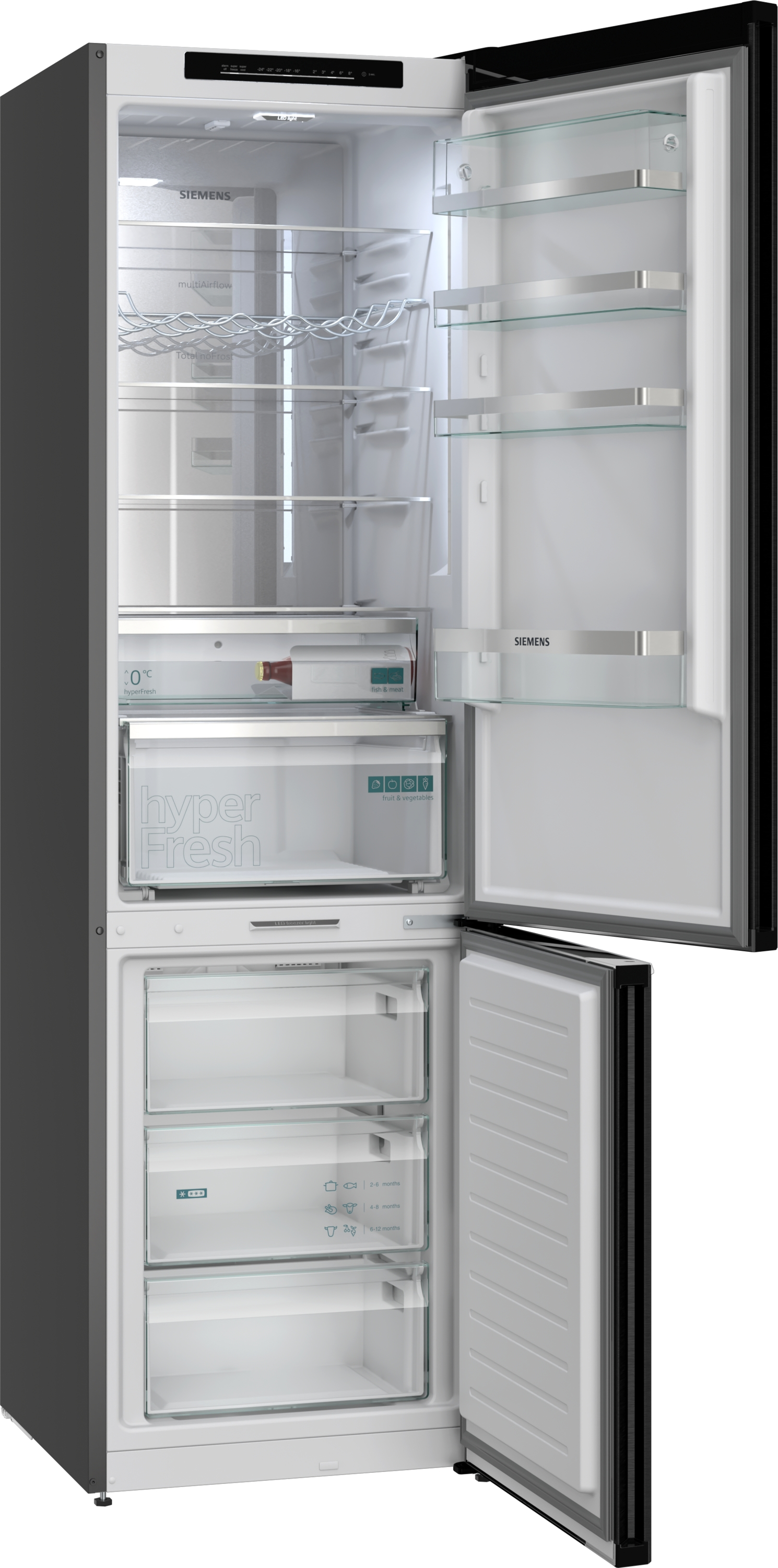Ein offener Siemens Kühlschrank mit mehreren Glasregalen und Schubladen.