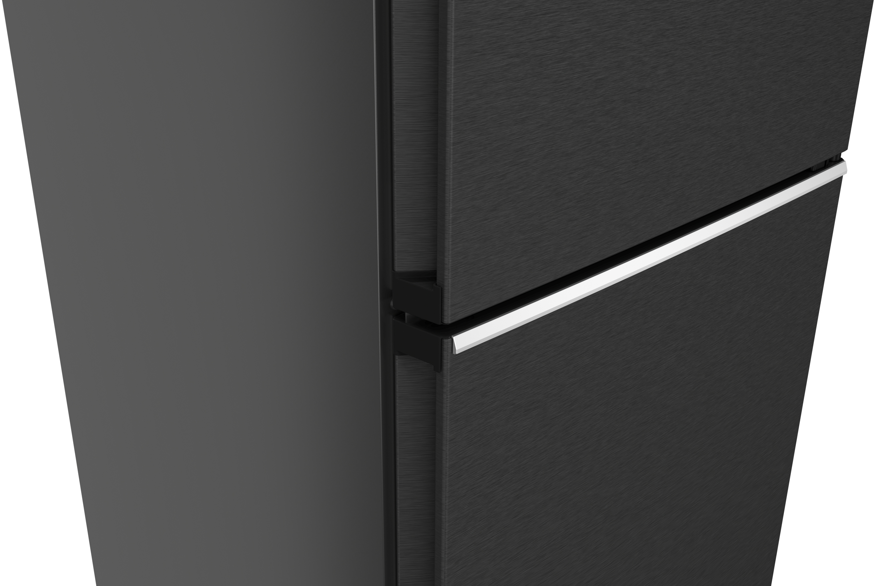 Schwarzer Kühlschrank mit gebürsteter Metalloberfläche und silbernem Griff.
