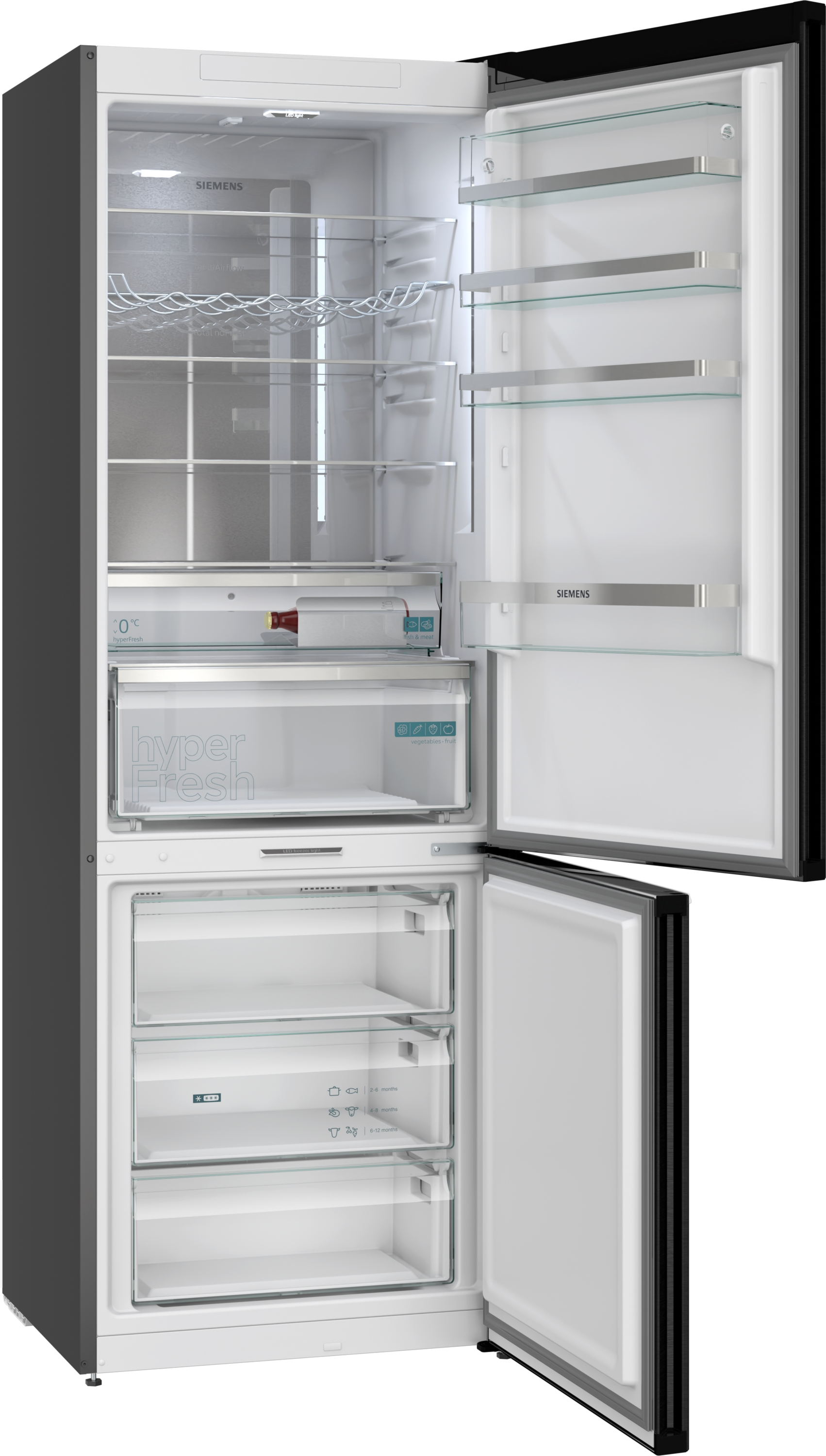 Ein offener Siemens Kühlschrank mit Glasböden und Schubladen. Innenbeleuchtung ist an.