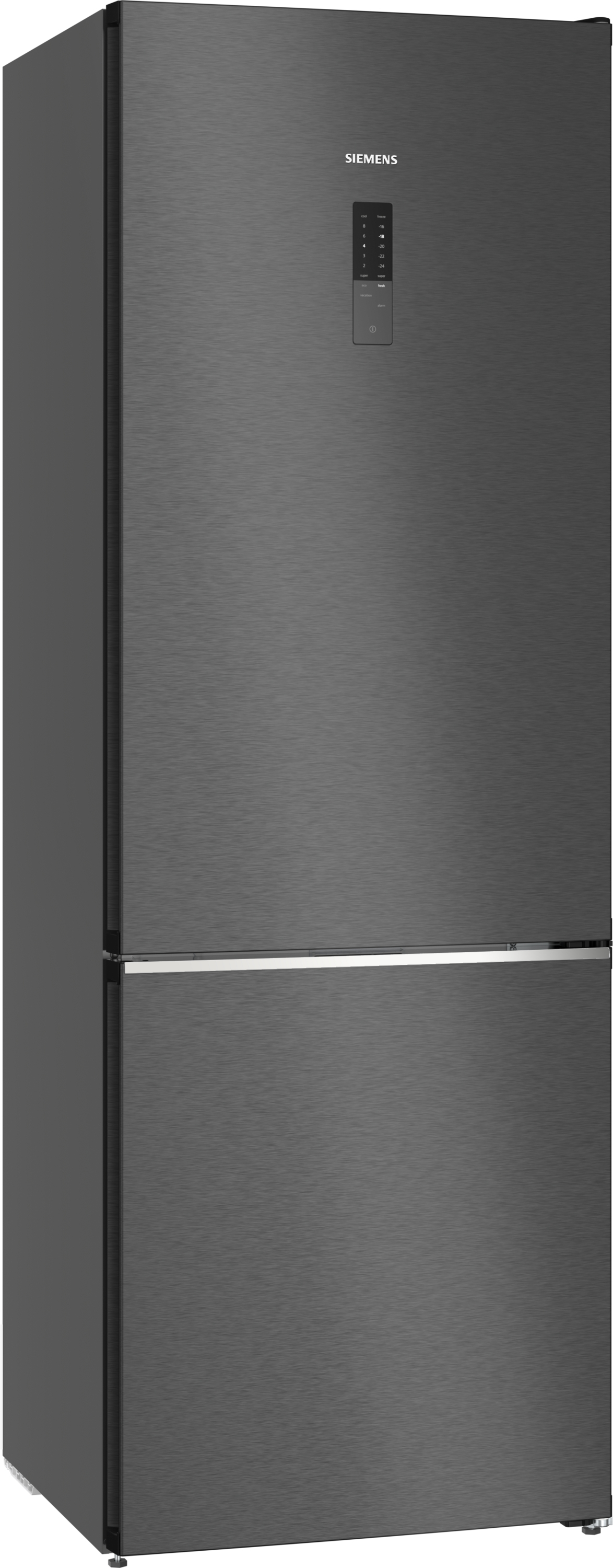 Ein dunkler Siemens Kühlschrank mit Touchscreen-Bedienfeld und silbernem Griff.