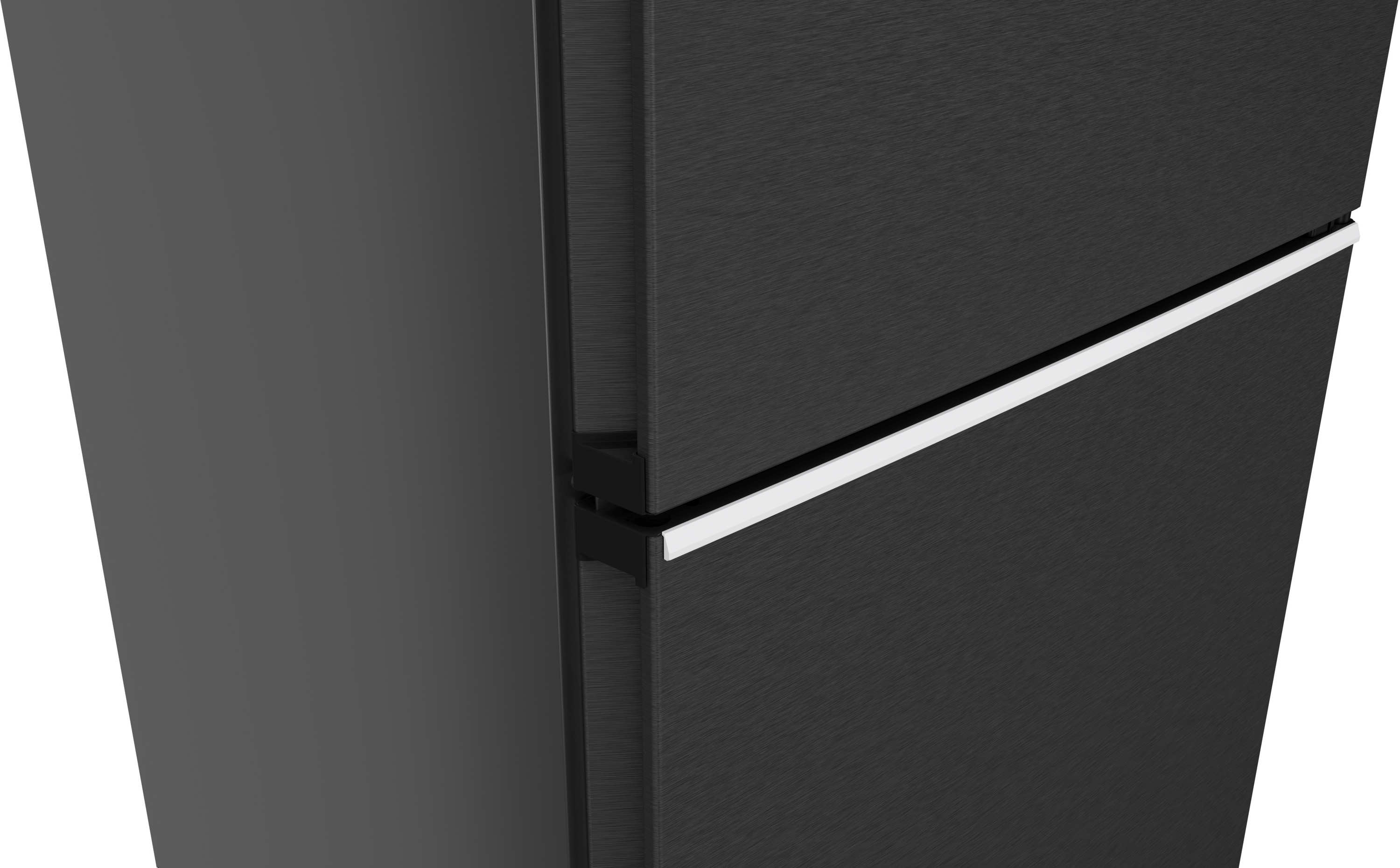 Schwarzer Kühlschrank mit gebürsteter Oberfläche und silbernem Griff.