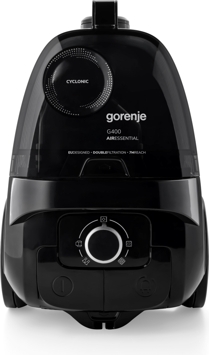 Fekete Gorenje G400 porszívó ezüst tárcsával és ikonokkal.