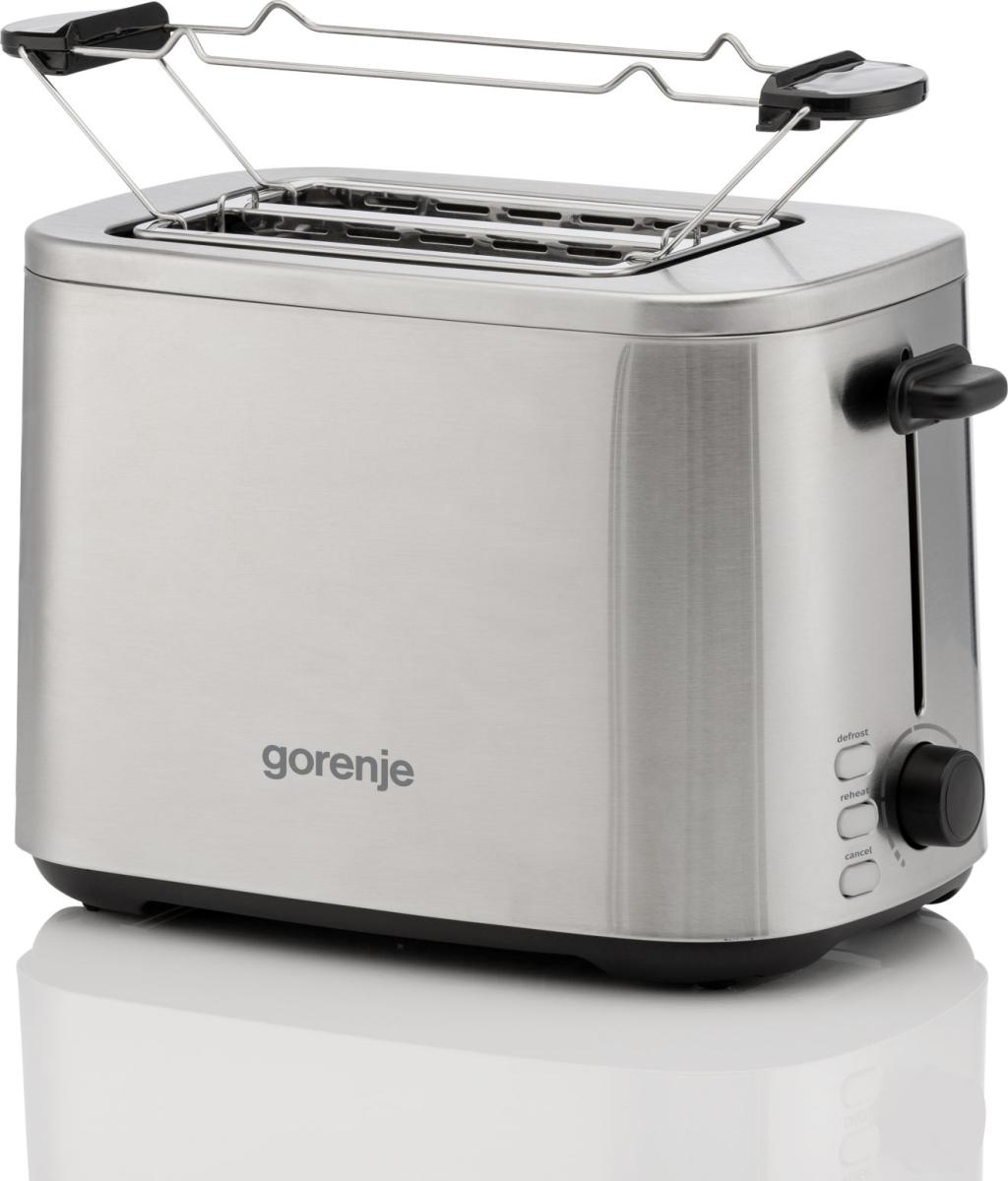 Egy ezüst Gorenje kenyérpirító két nyílással és zsemletartóval.