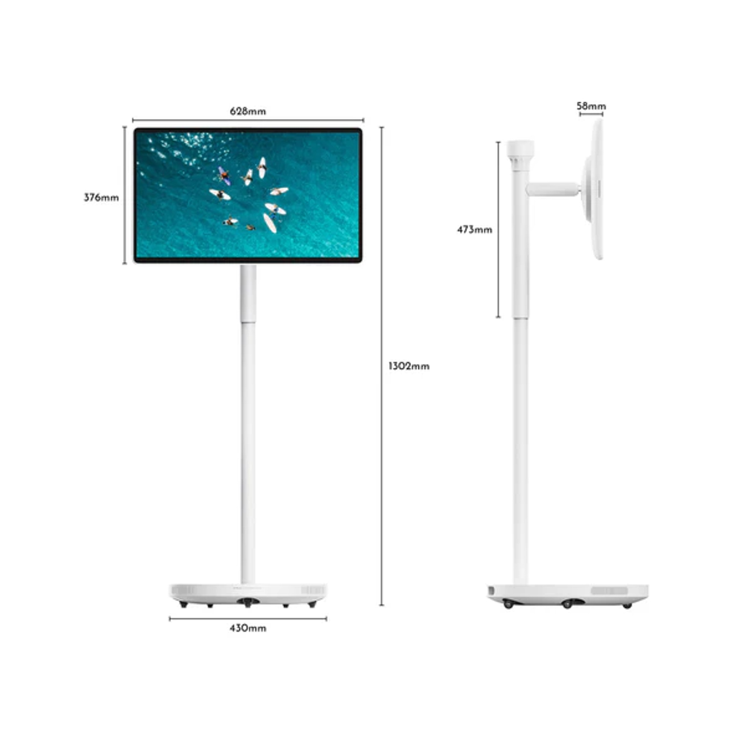 Supporto bianco con schermo, mostra dimensioni.