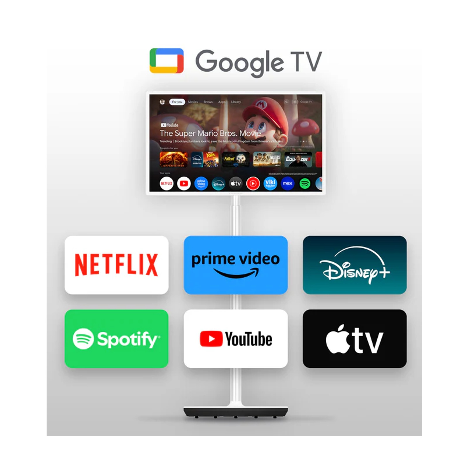 Google TV con app come Netflix, Prime Video, Disney+, Spotify, YouTube e Apple TV.