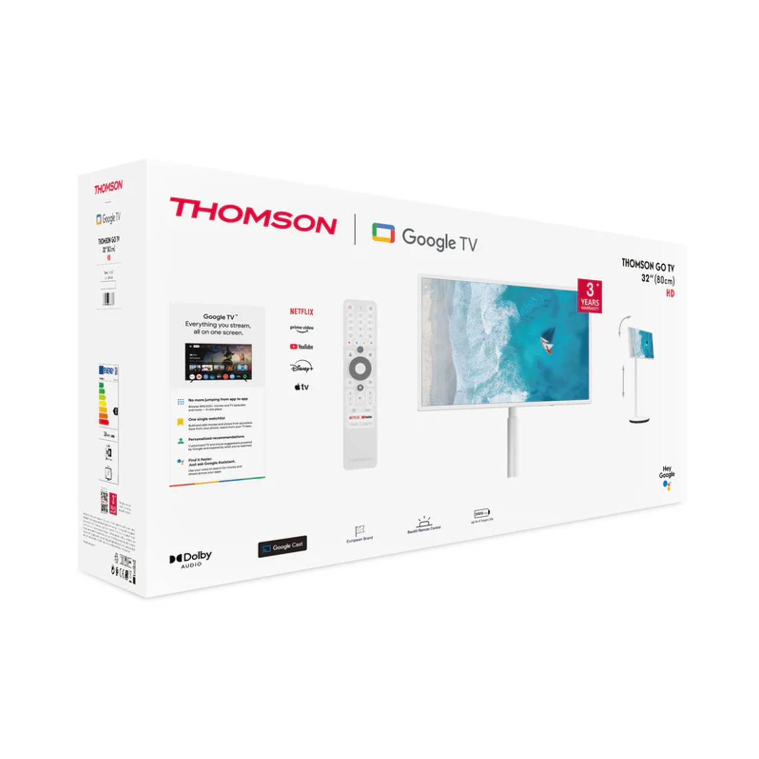 Scatola Thomson Google TV con telecomando e immagine schermo TV.