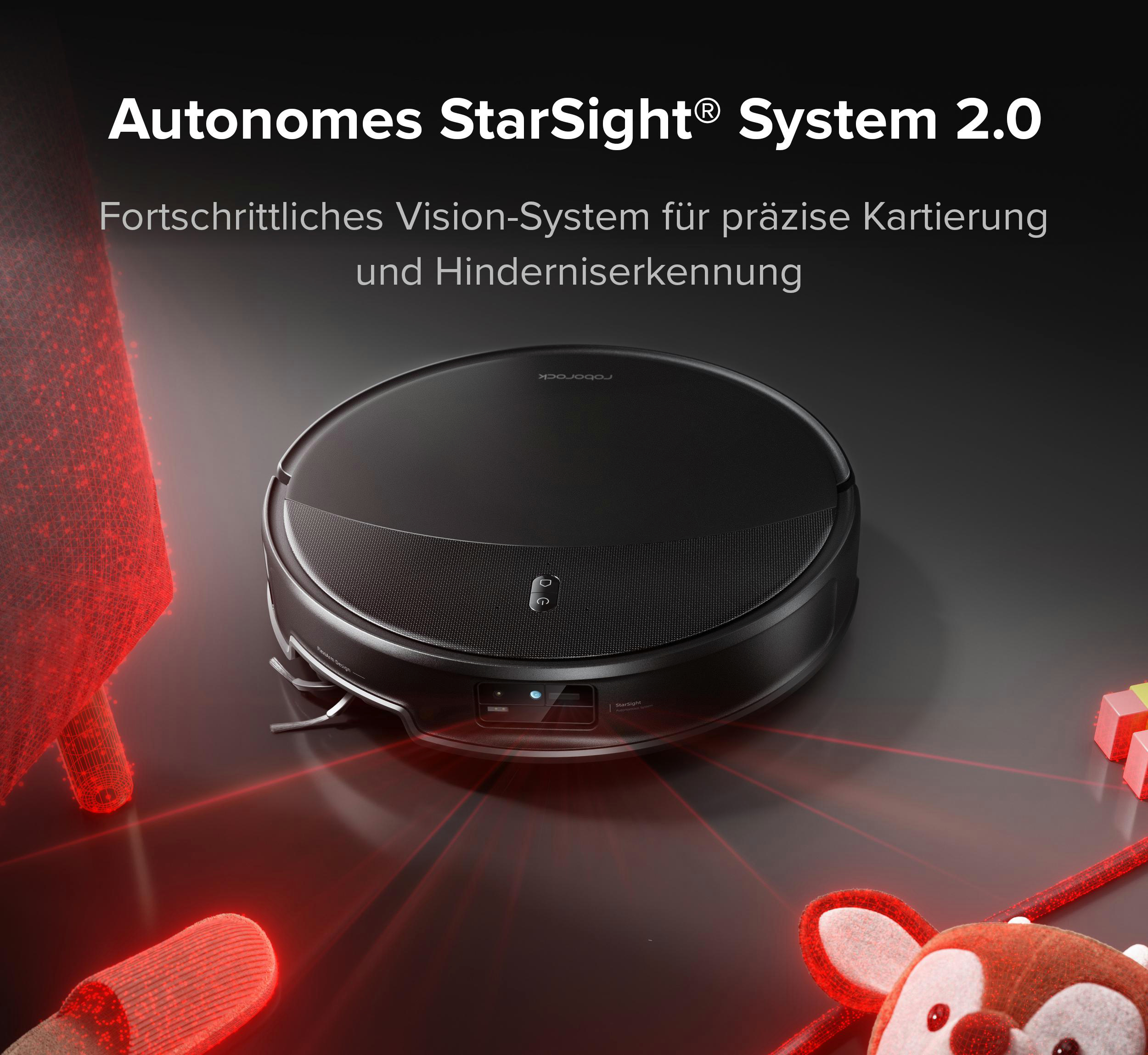 Ein schwarzer Saugroboter mit roten Lasern, der Hindernisse erkennt.