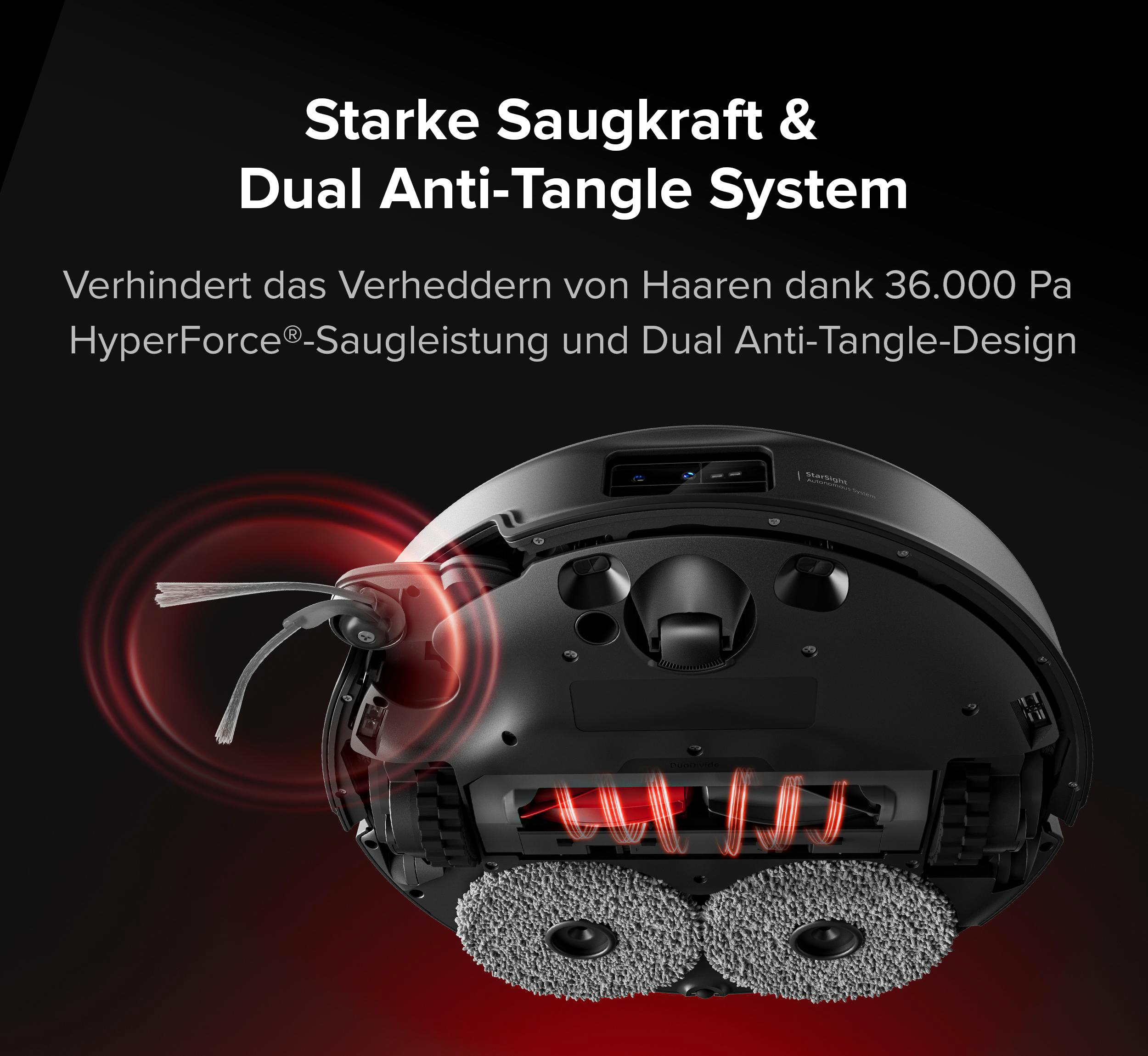 Nahaufnahme eines Saugroboters mit rotierenden Bürsten und roter Saugkraftvisualisierung.