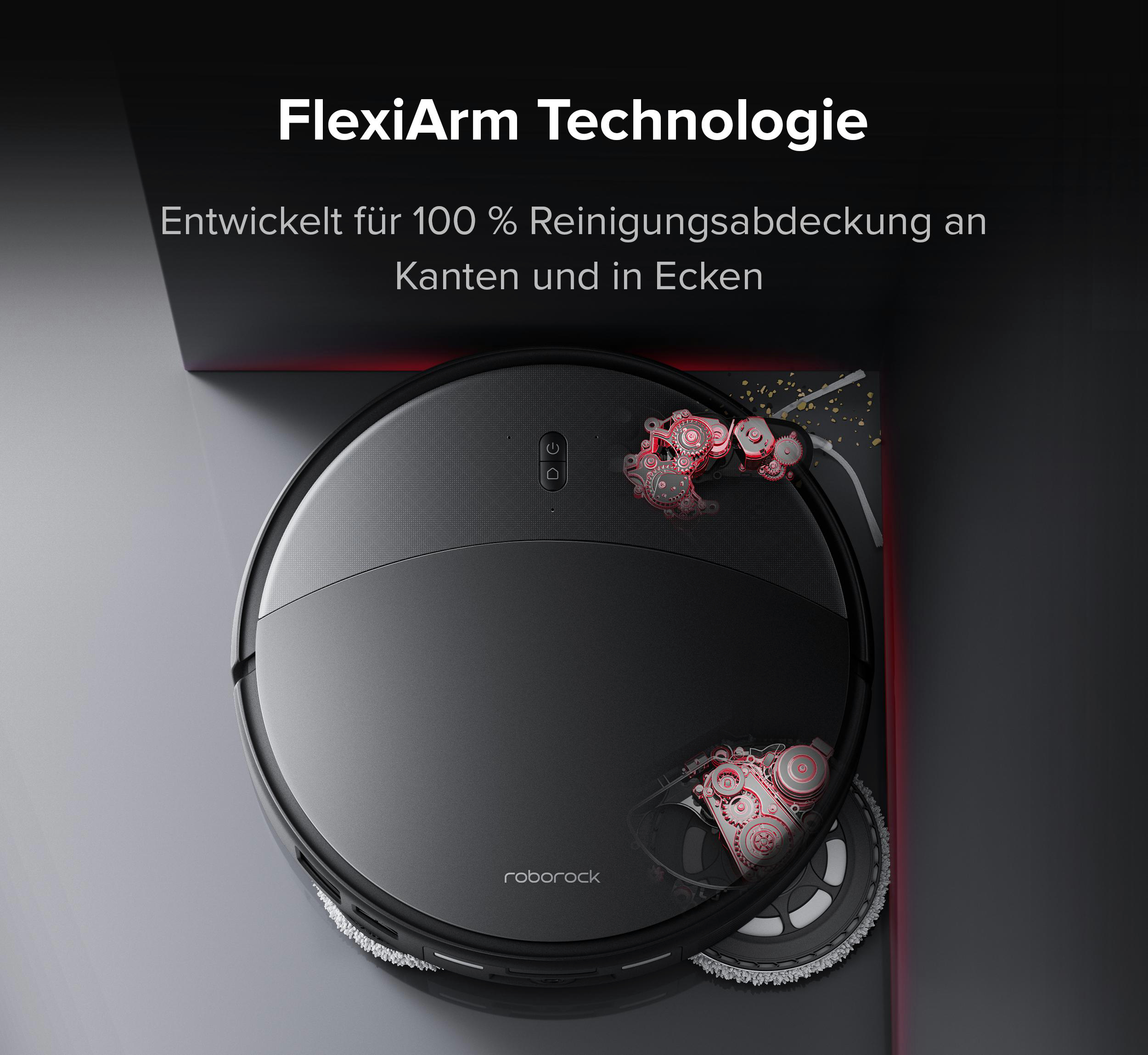 Schwarzer Saugroboter mit FlexiArm-Technologie und sichtbaren Zahnrädern.