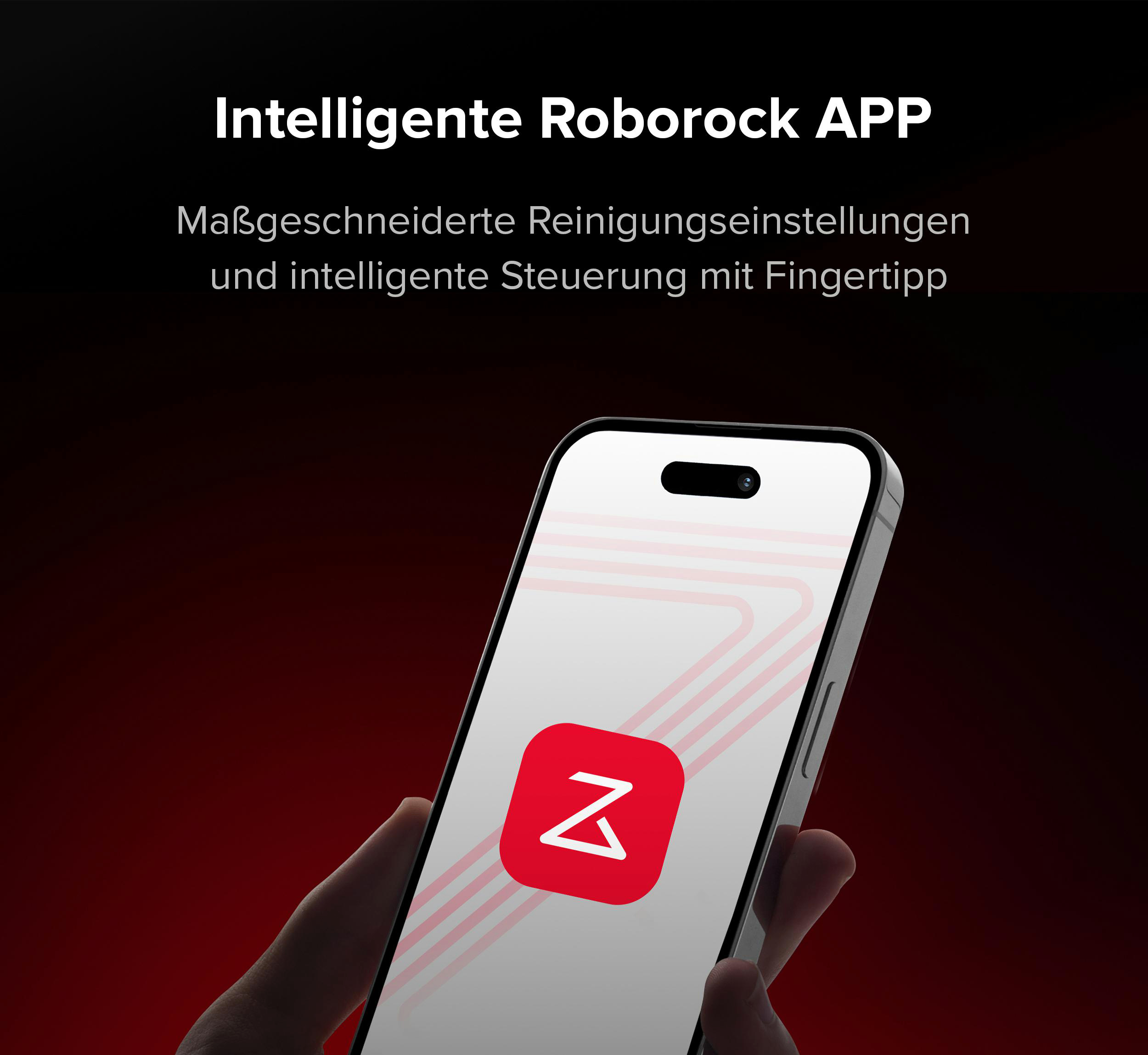 Ein Handy mit dem Roborock App Logo, gehalten von einer Hand.