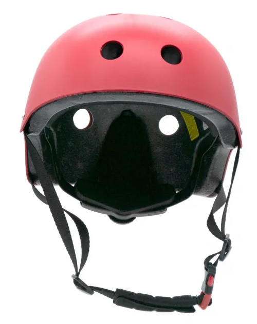 Czerwony kask z czarnymi otworami wentylacyjnymi i paskami, odwrócony na lewą stronę.