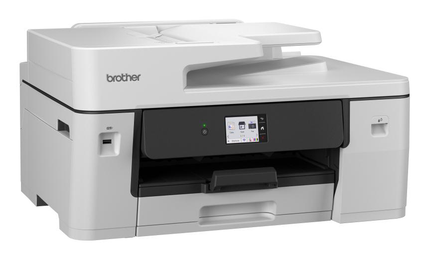 Ein weißer Brother Drucker mit schwarzem Bedienfeld und Touchscreen.
