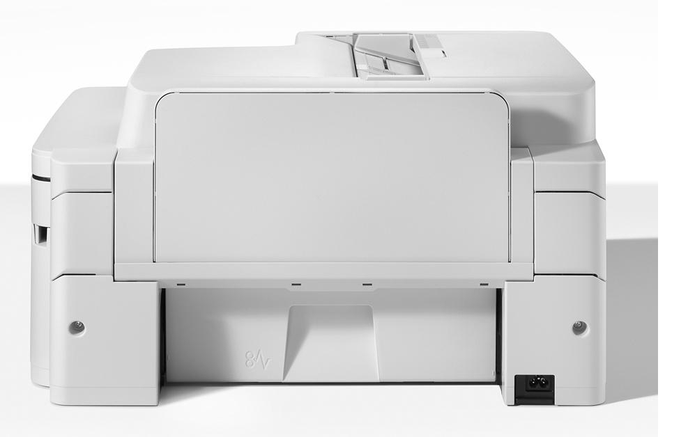 Ein weißer Drucker im Seitenprofil mit einem Papierfach unten und einem Scannerdeckel oben.