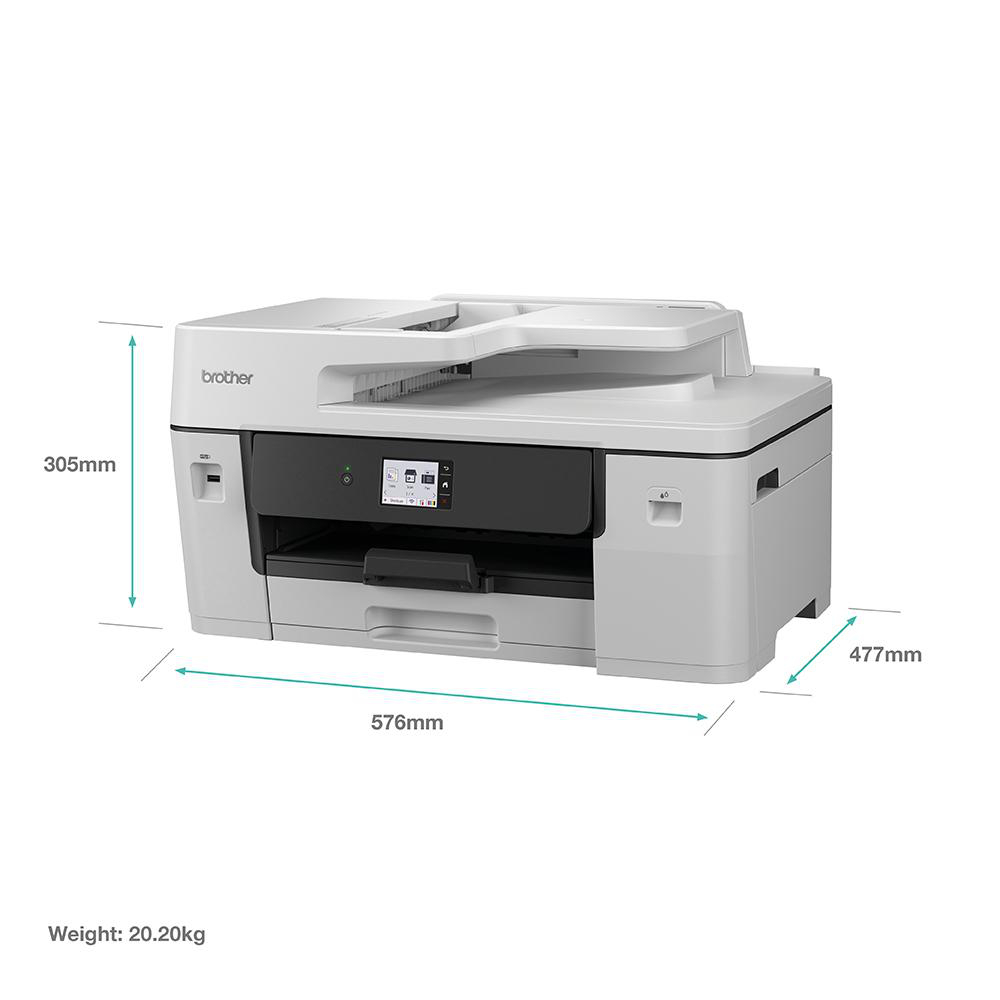 Ein weißer Brother Drucker mit Display und Maßen. Gewicht 20,20kg.