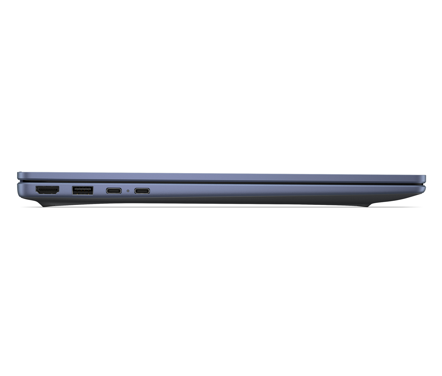 Vista lateral de un portátil azul mostrando puertos: HDMI, USB-A, dos USB-C.