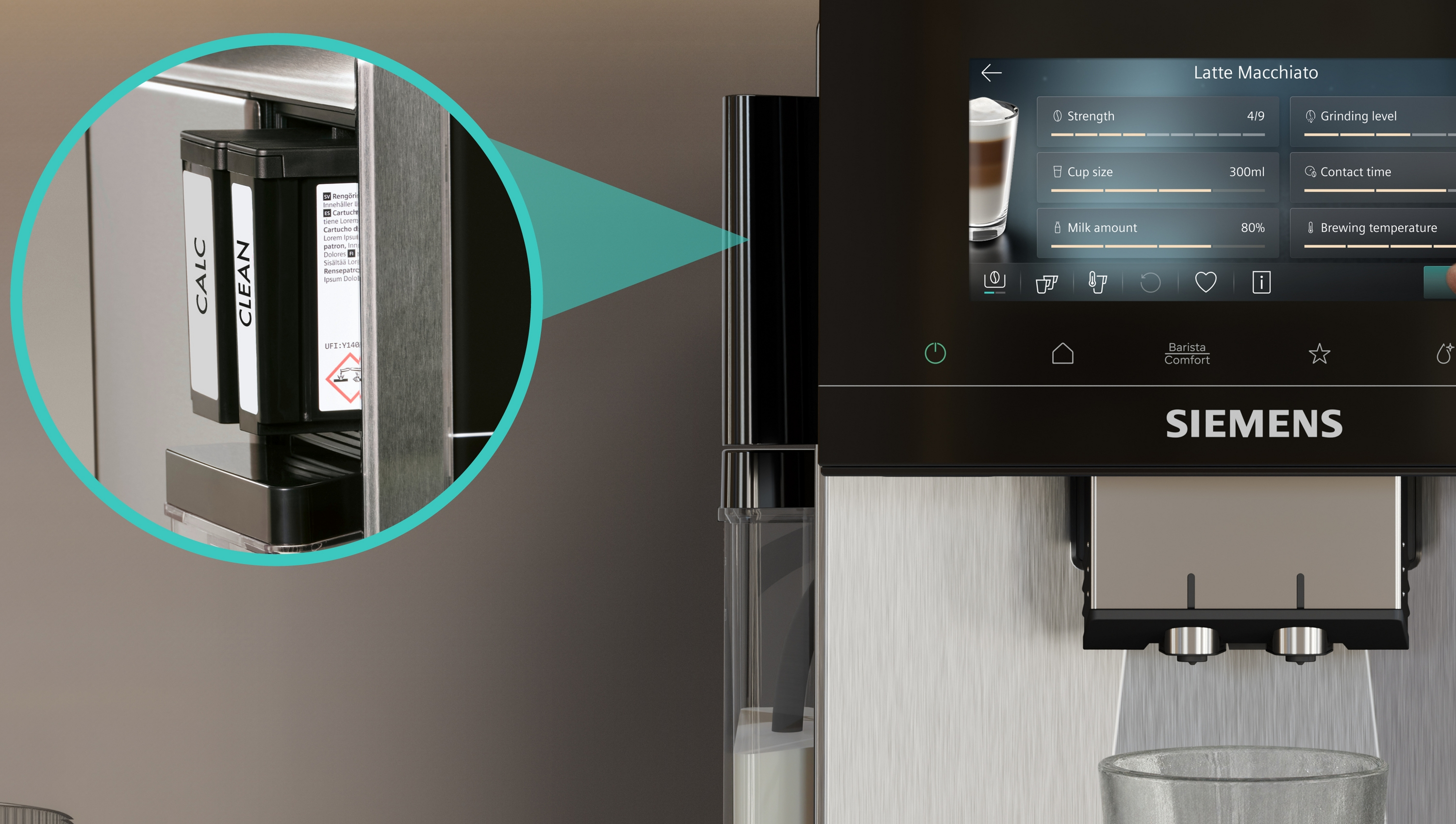 Kaffeemaschine mit zwei Filtern und Touchscreen-Menü für Latte Macchiato.