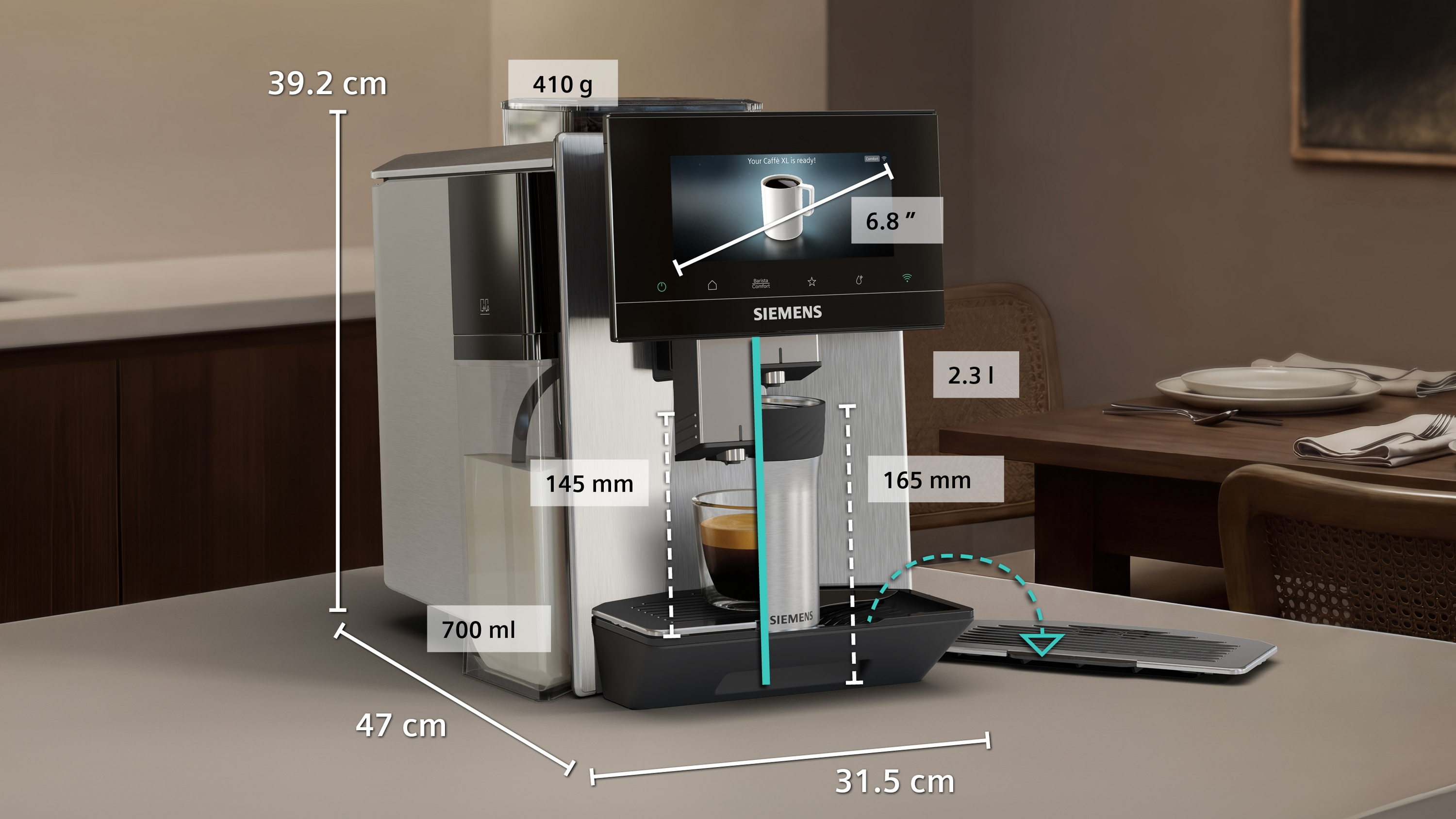 Siemens Kaffeevollautomat mit Maßen, Wassertank, Kaffeetasse, Touchscreen.