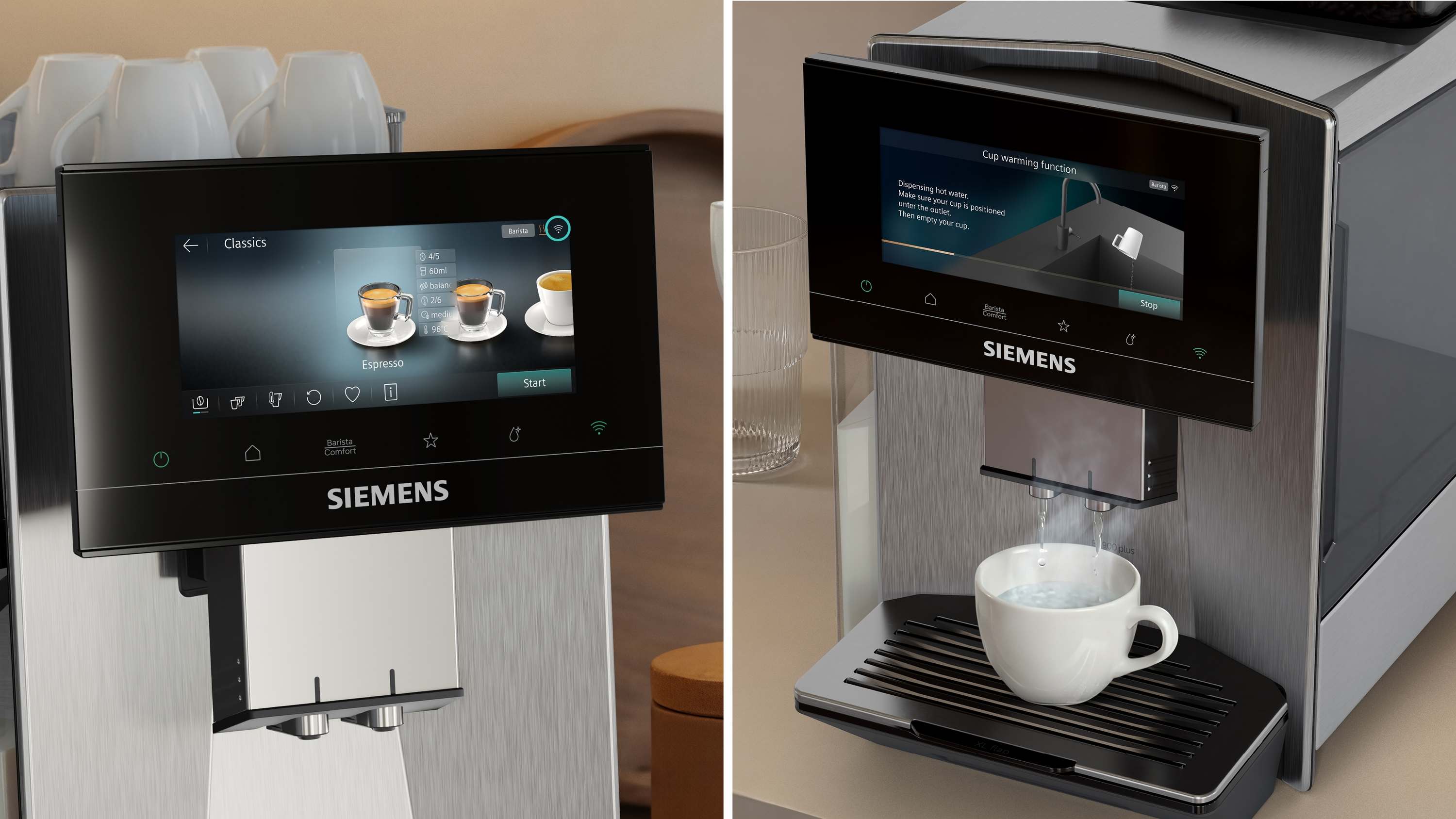 Kaffeemaschine mit Touchscreen zeigt Espresso-Optionen an. Daneben eine Maschine mit heißem Wasser in einer Tasse.