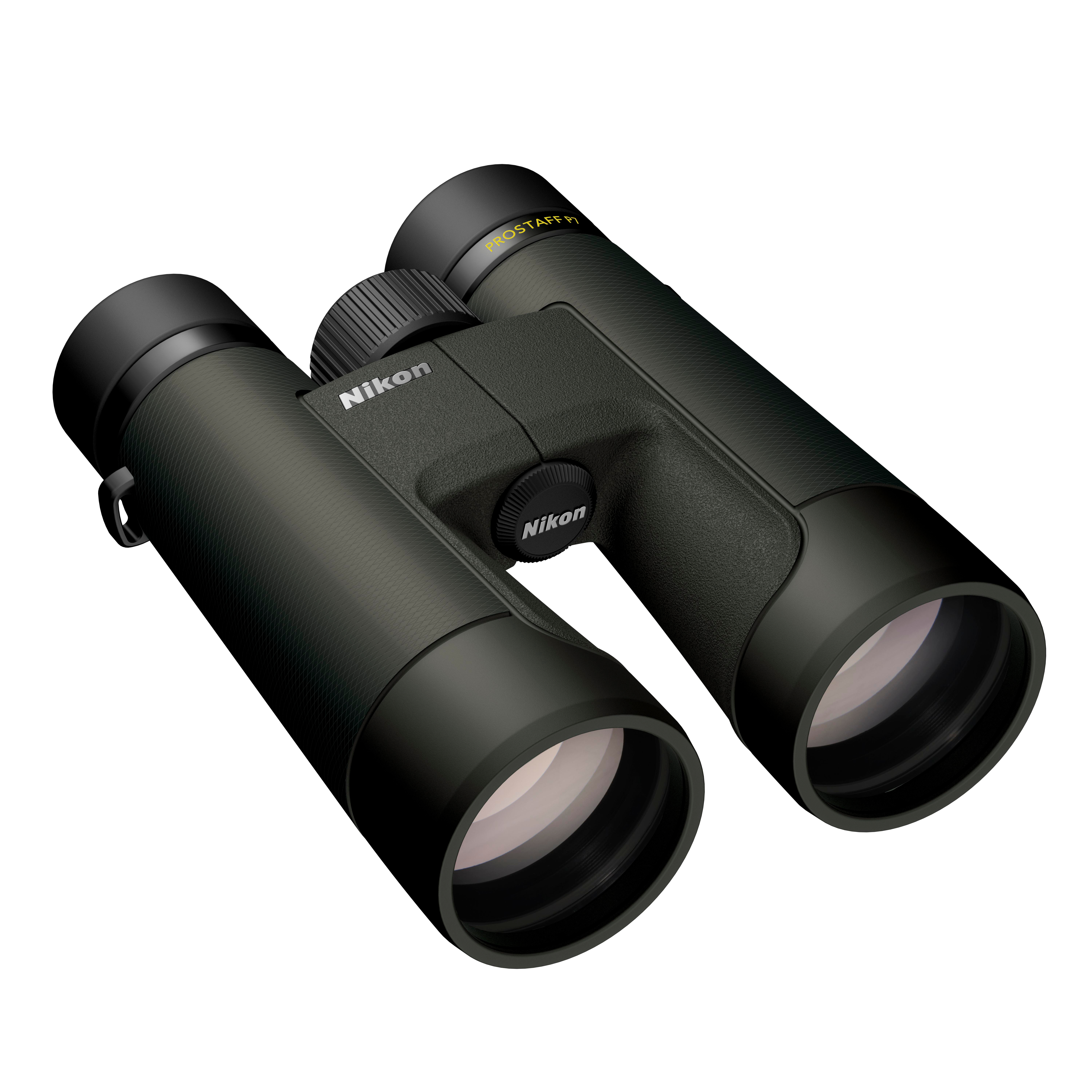 Schwarze Nikon-Ferngläser mit silbernem Fokusrad und gelbem Schriftzug.
