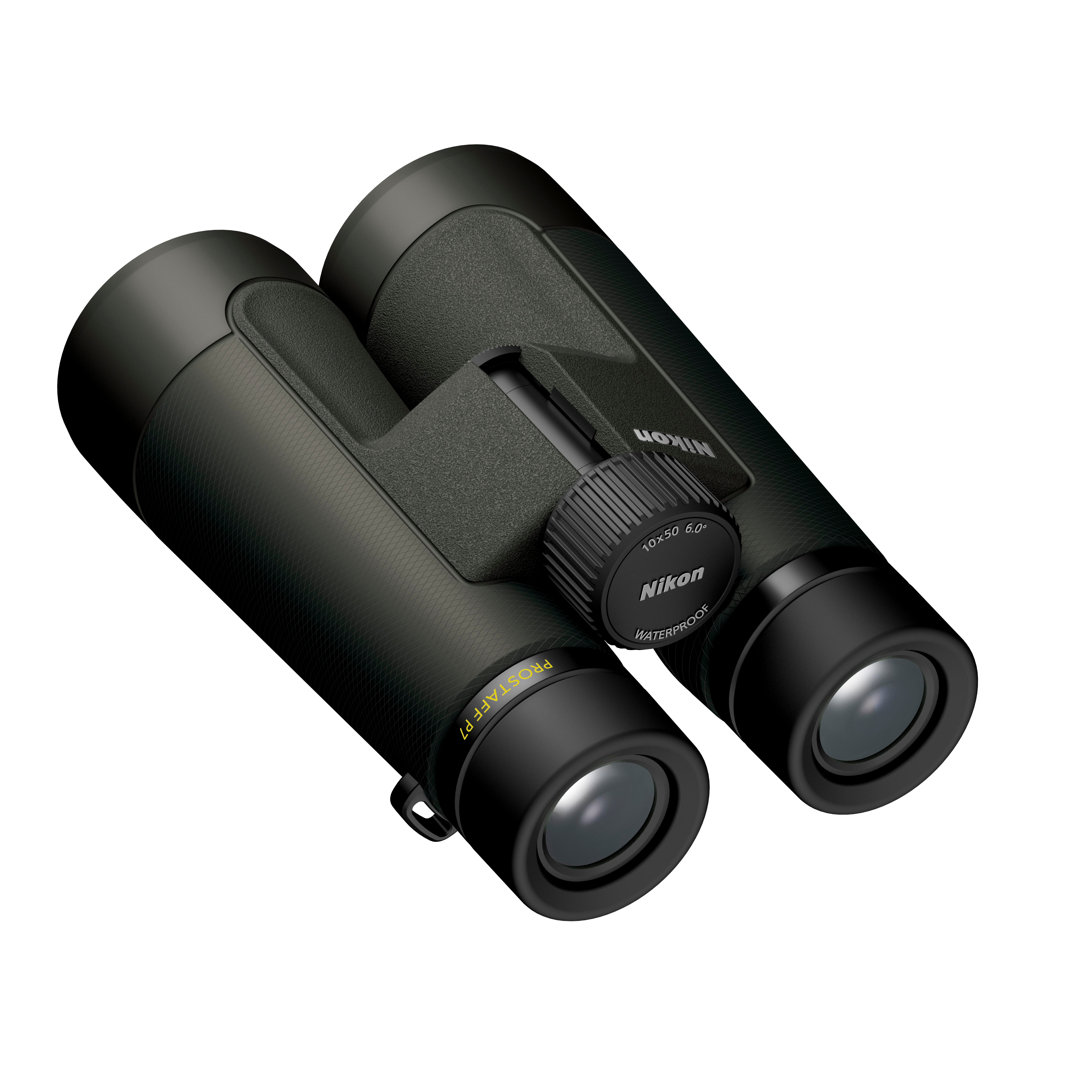 Schwarze Nikon Fernglas mit gummiertem Griff und Fokussierrad.