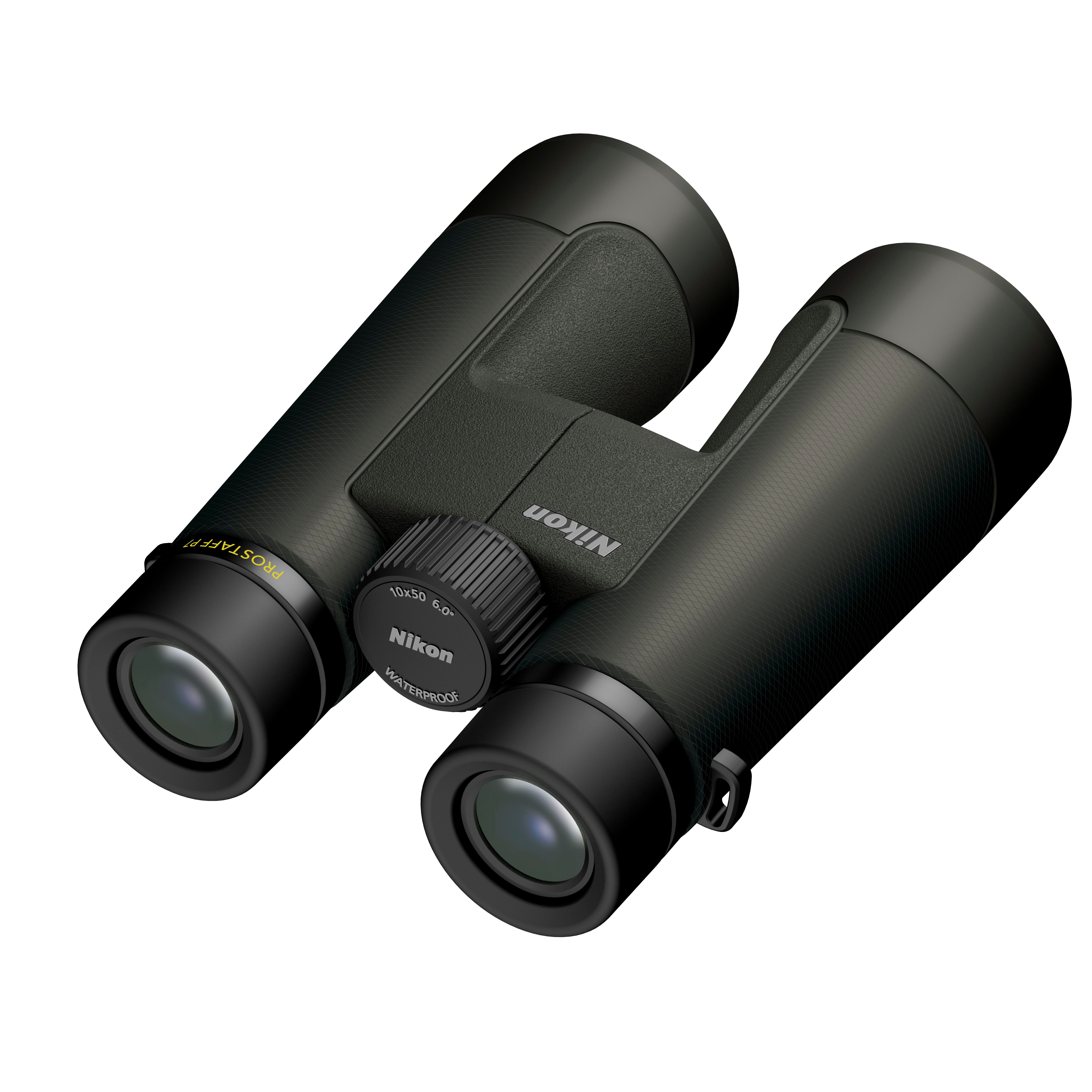 Schwarze Nikon-Ferngläser mit 10x50-Vergrößerung auf weißem Hintergrund.